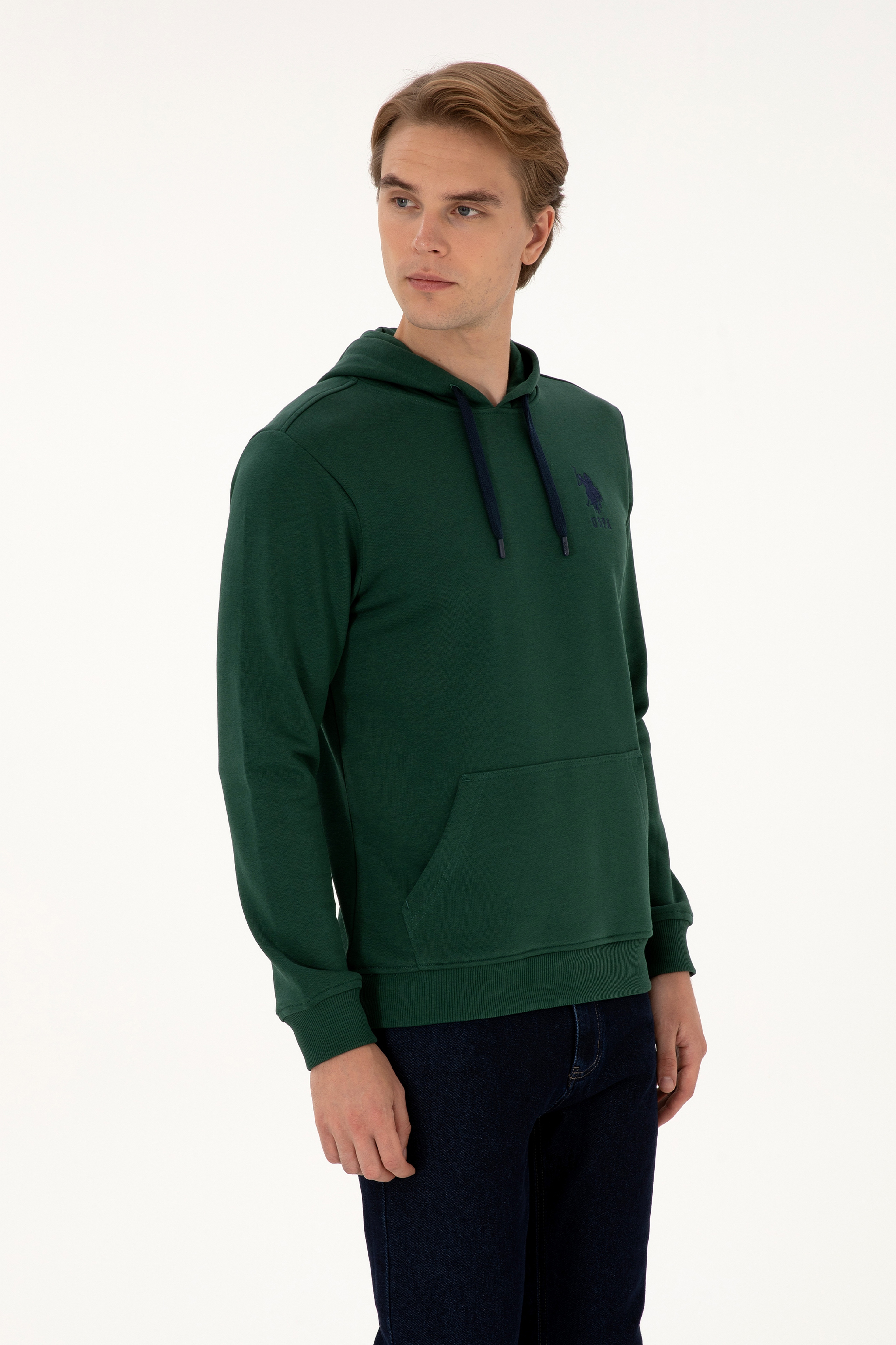 Erkek Regular Fit Kapüşonlu Koyu Yeşil Basic Sweatshirt