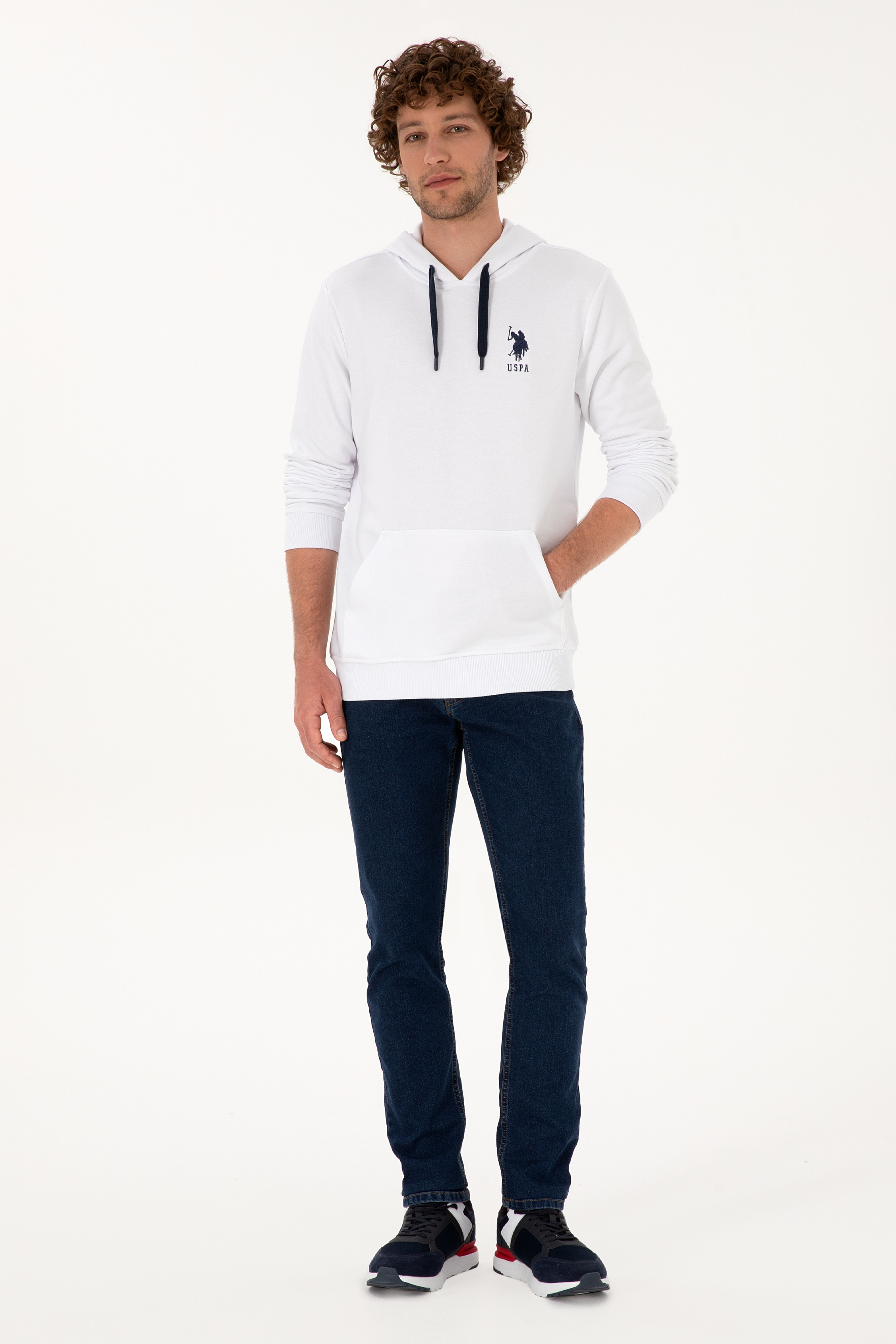 Erkek Regular Fit Kapüşonlu Beyaz Basic Sweatshirt - Image 4