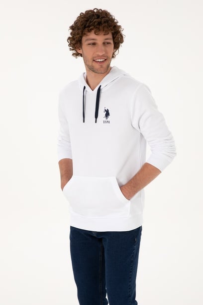 Erkek Regular Fit Kapüşonlu Beyaz Basic Sweatshirt