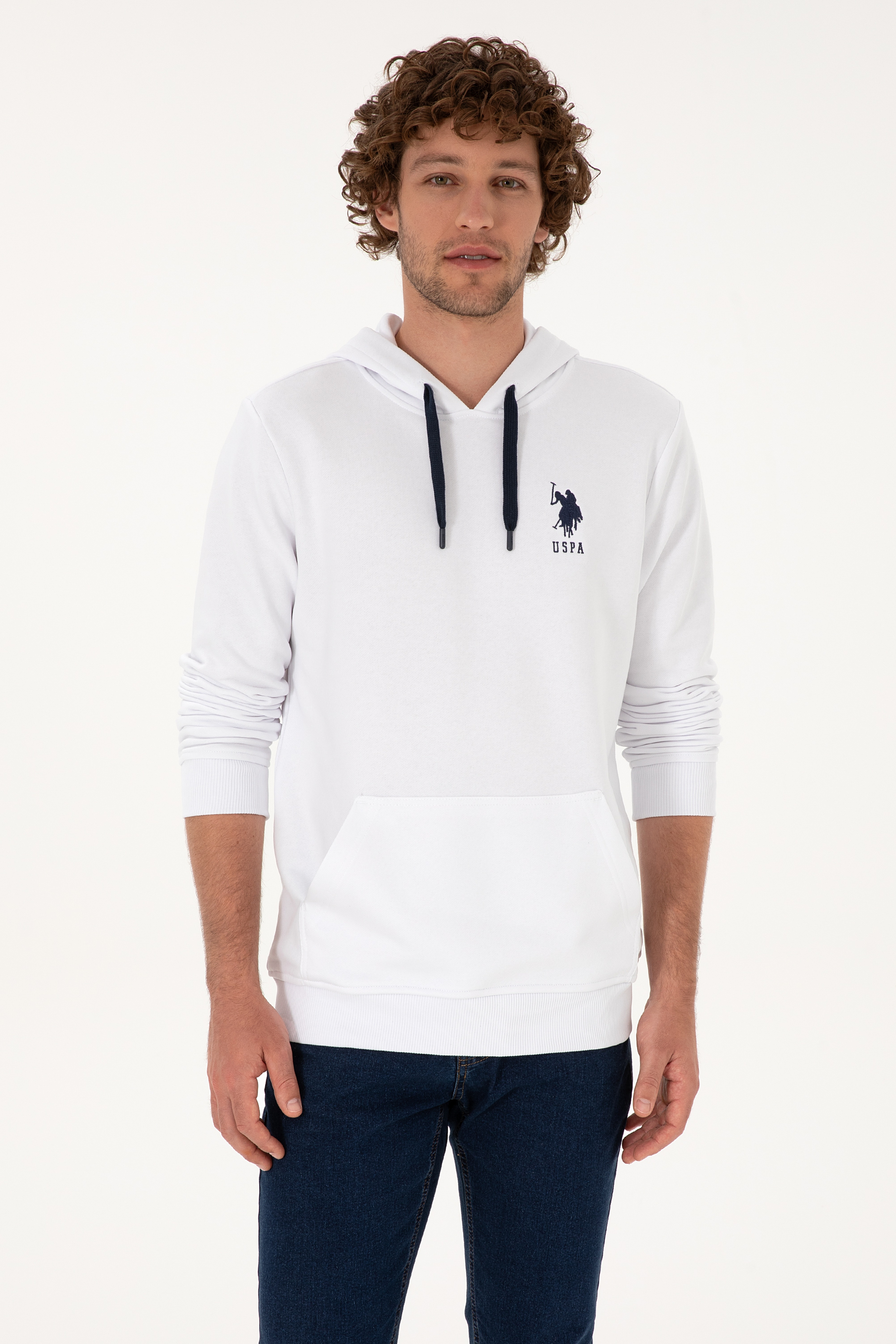Erkek Regular Fit Kapüşonlu Beyaz Basic Sweatshirt