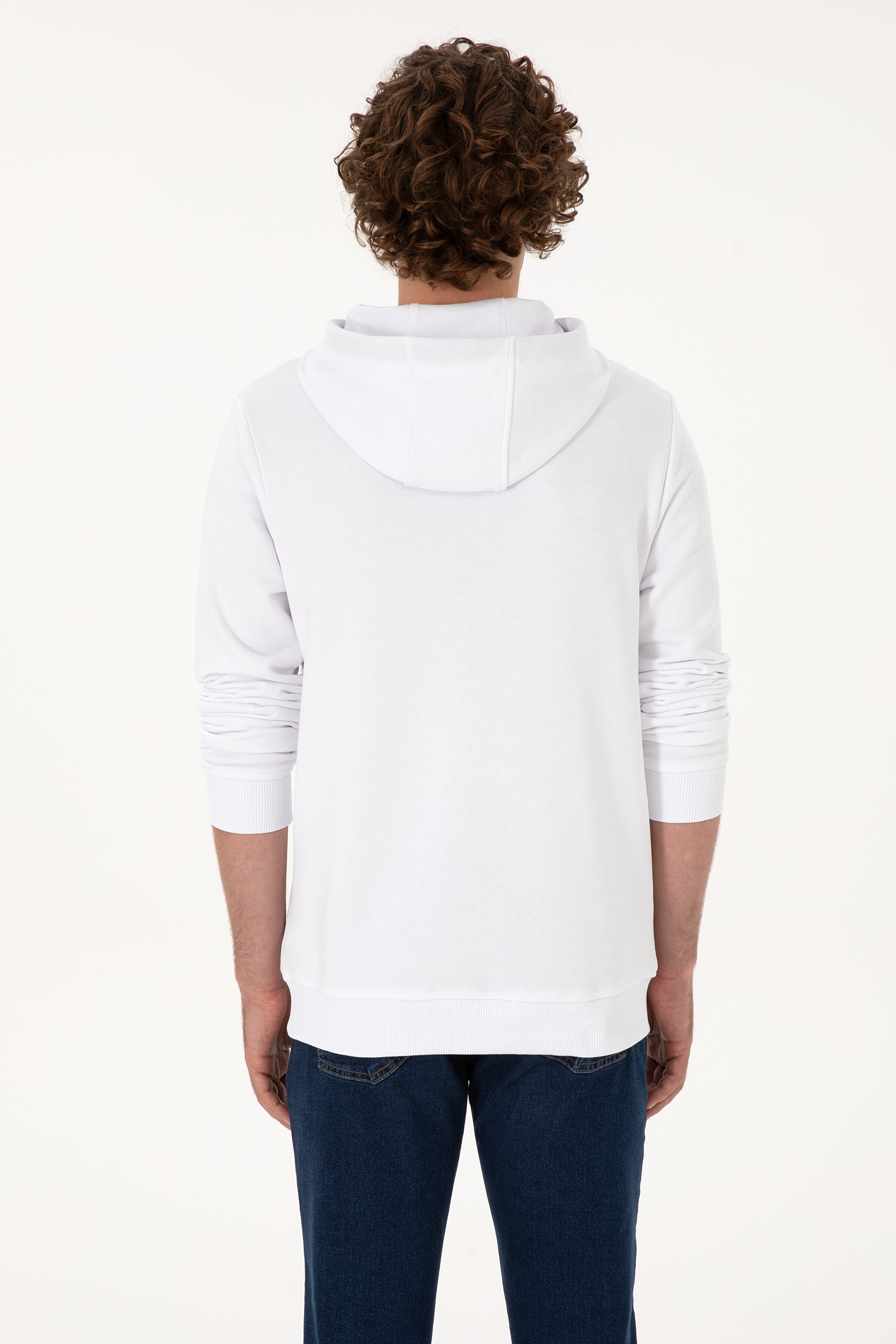 Erkek Regular Fit Kapüşonlu Beyaz Basic Sweatshirt