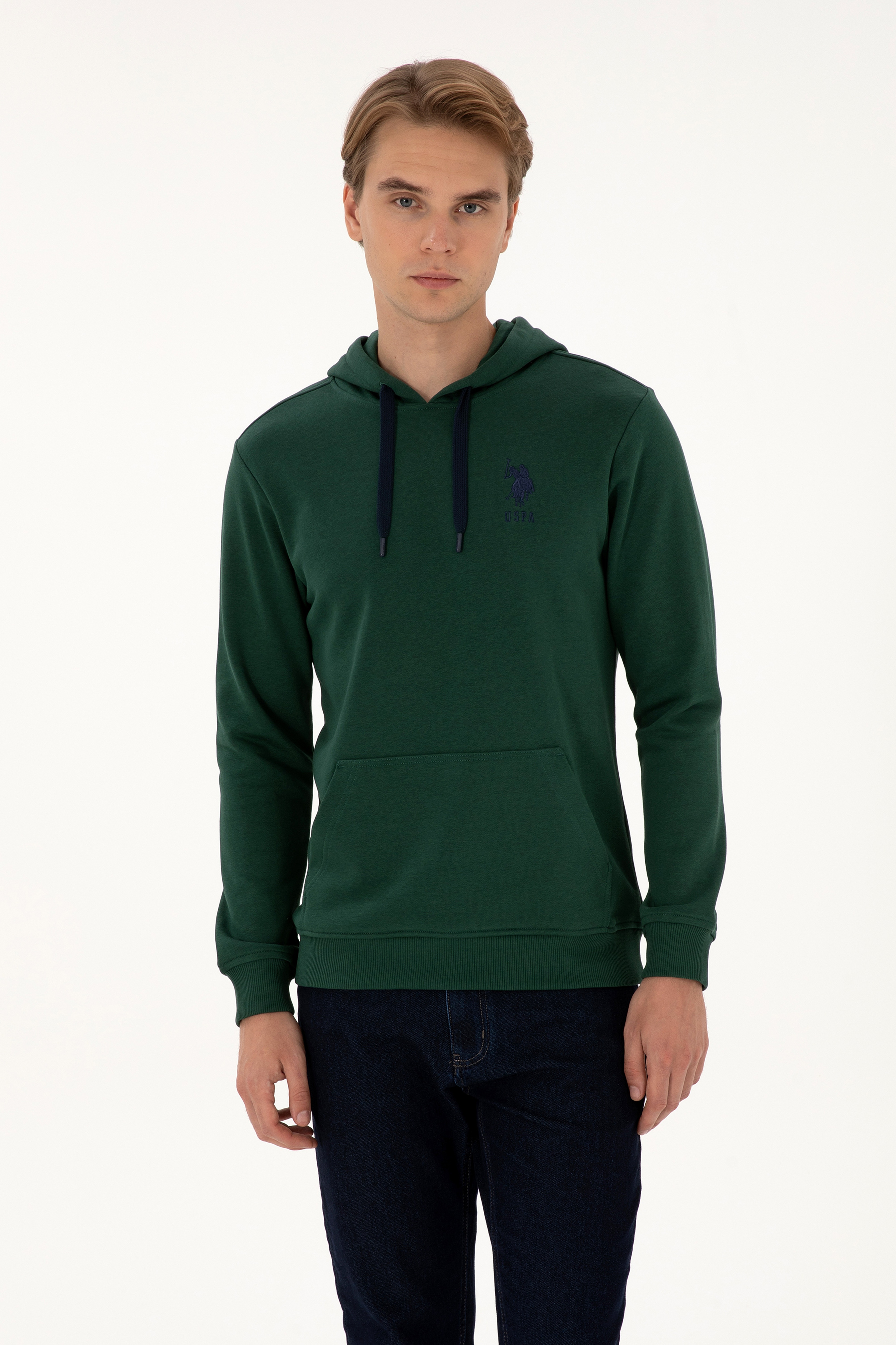 Erkek Regular Fit Kapüşonlu Koyu Yeşil Basic Sweatshirt - Image 3
