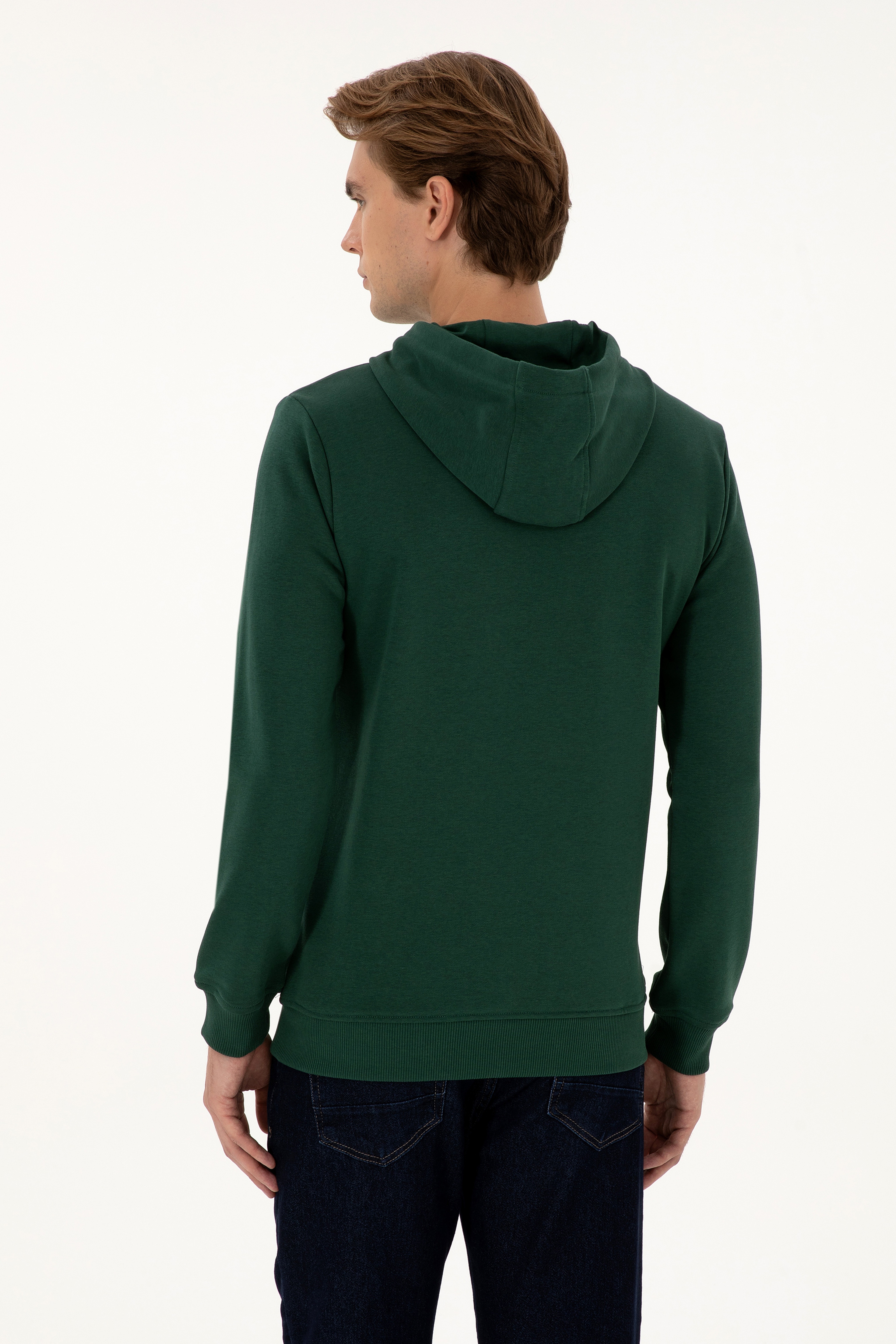 Erkek Regular Fit Kapüşonlu Koyu Yeşil Basic Sweatshirt - Image 5