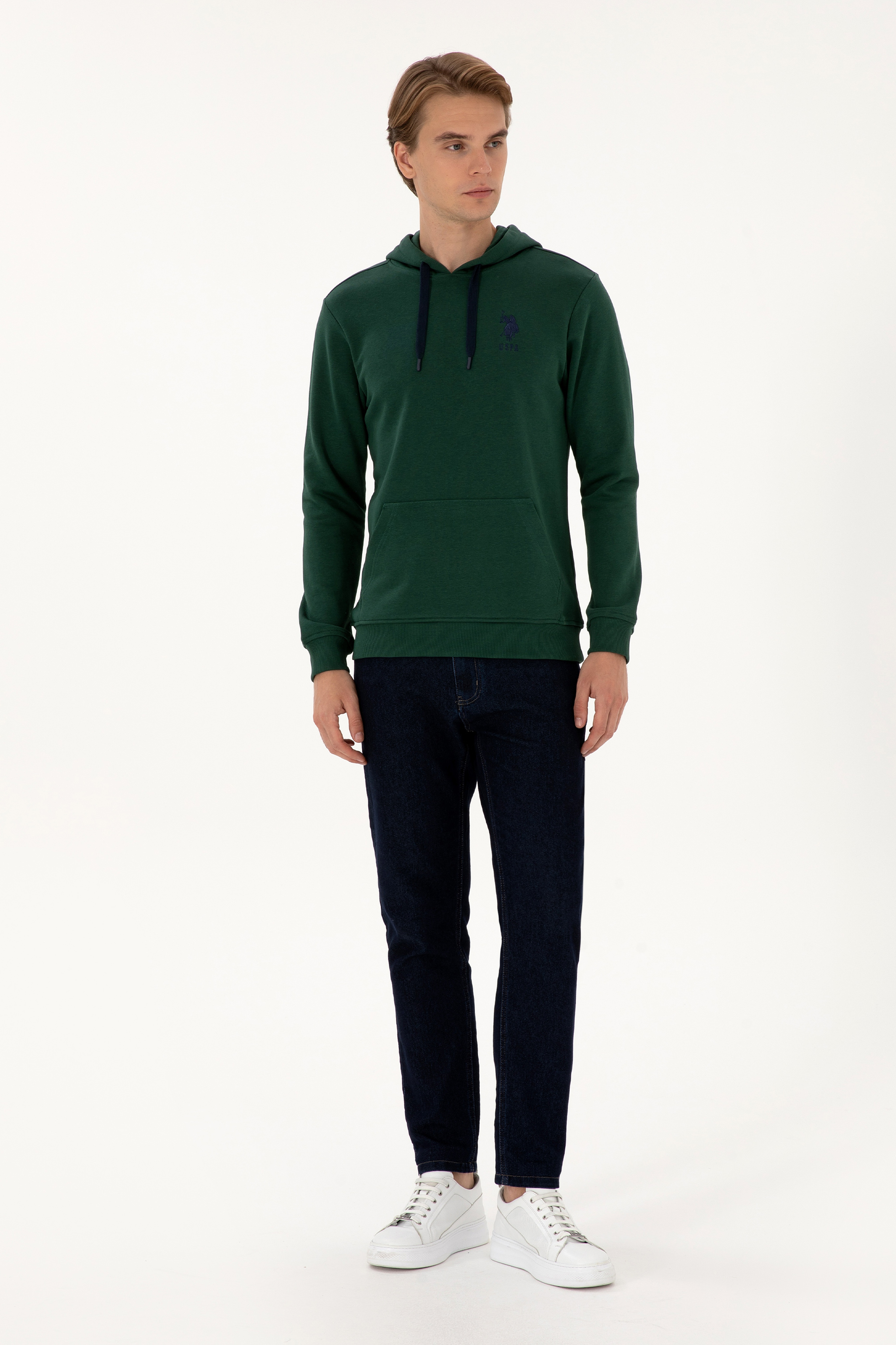 Erkek Regular Fit Kapüşonlu Koyu Yeşil Basic Sweatshirt