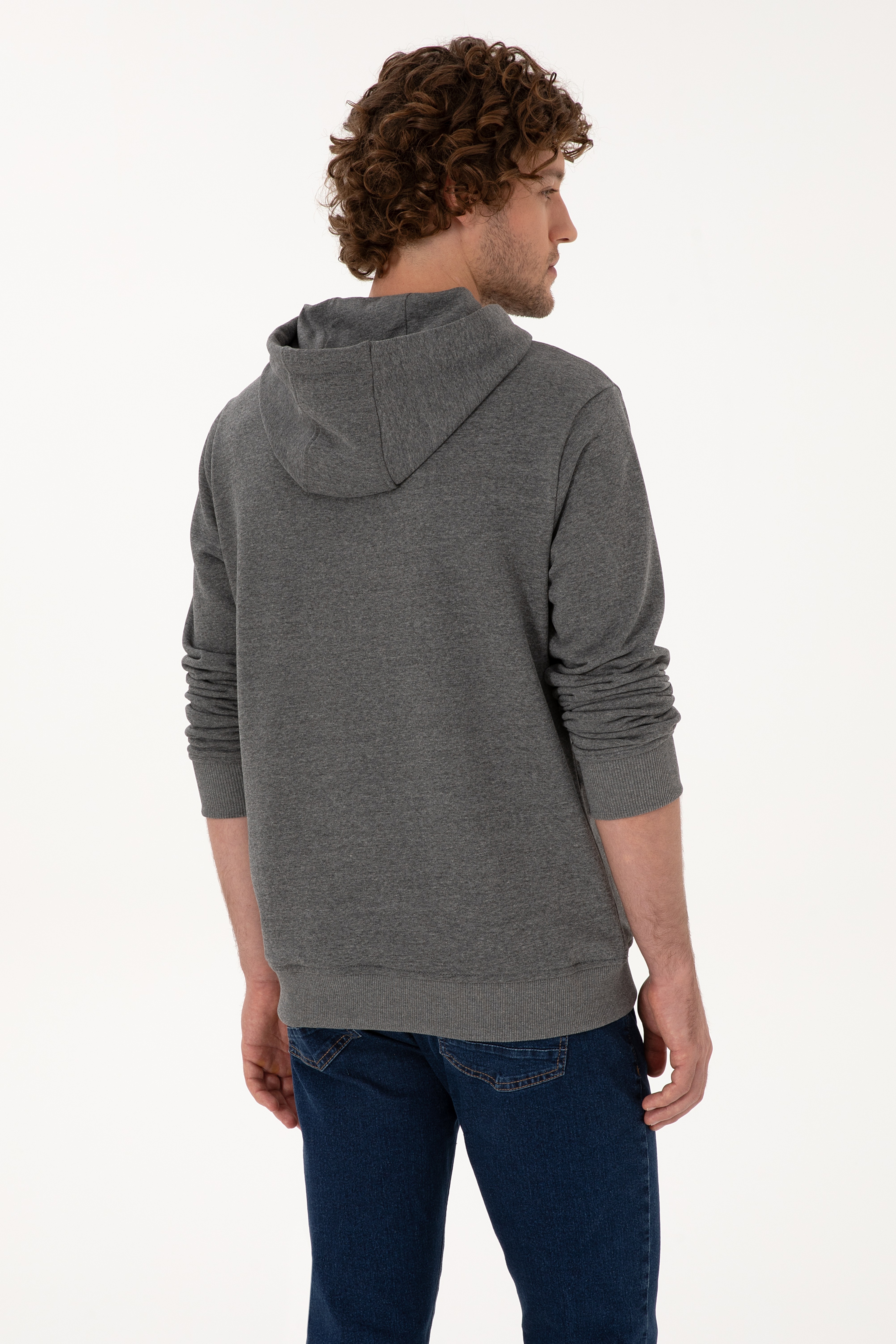 Erkek Regular Fit Kapüşonlu Antrasit Melanj Basic Sweatshirt - Image 5