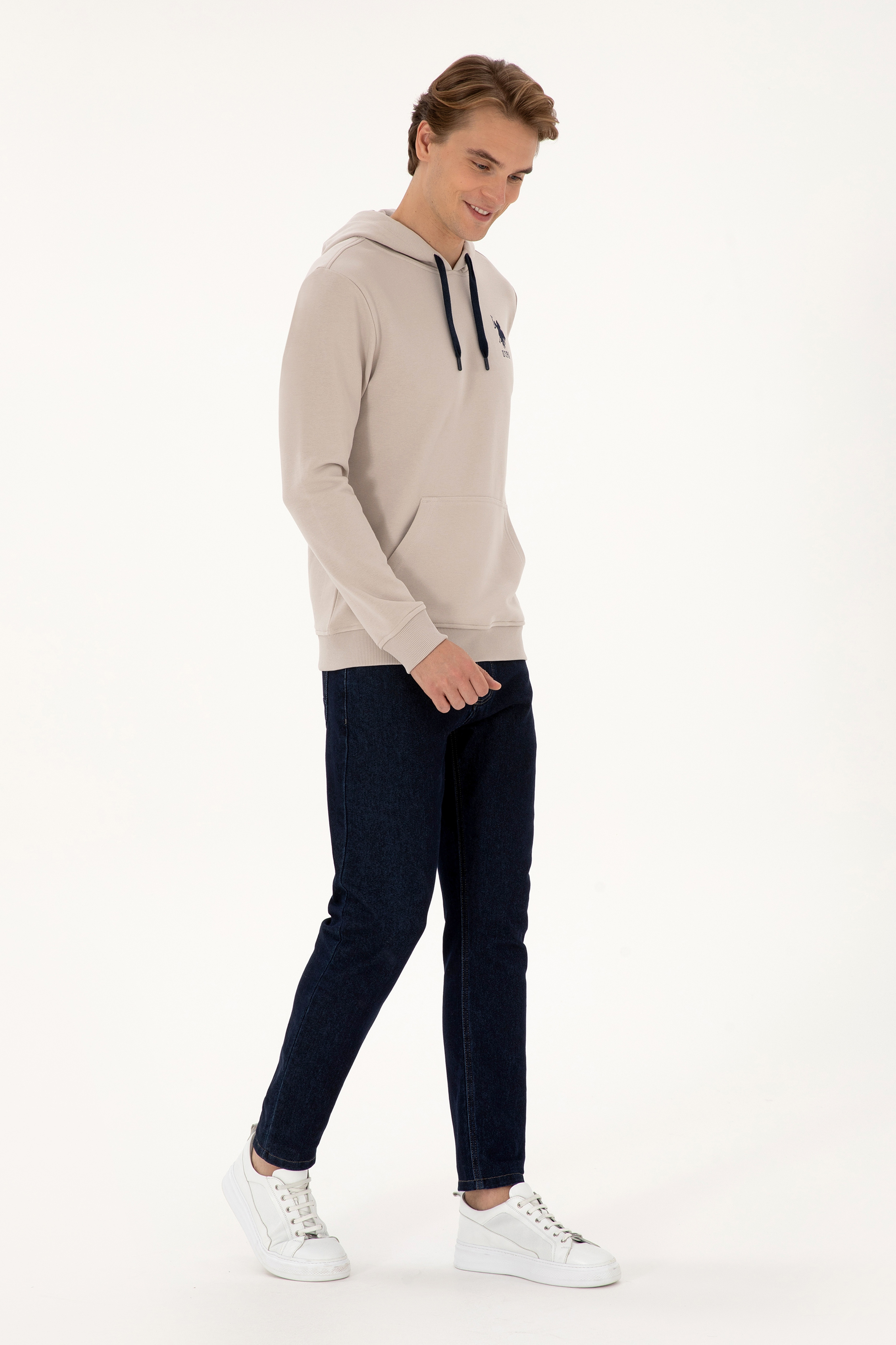 Erkek Regular Fit Kapüşonlu Taş Basic Sweatshirt - Image 4