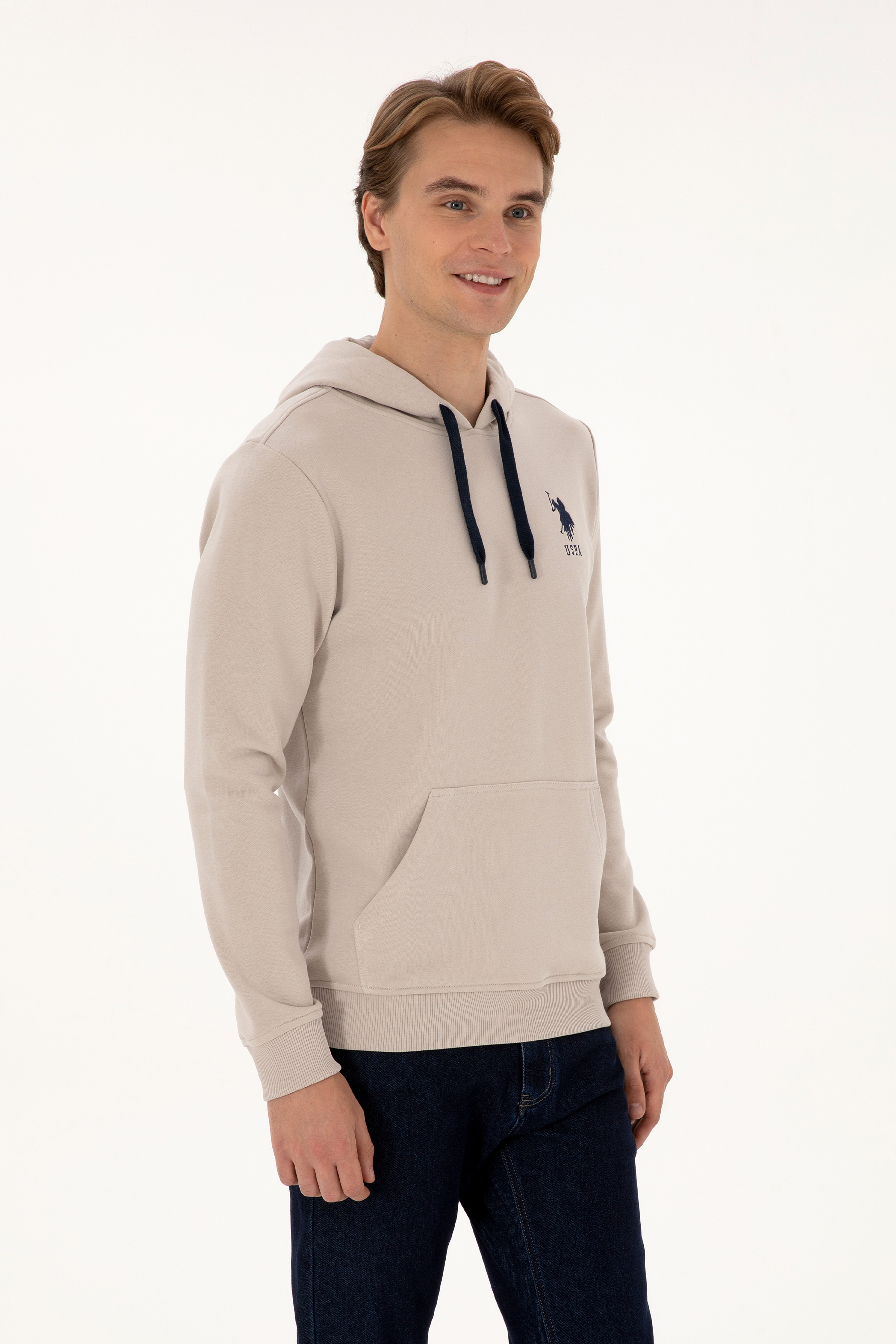 Erkek Regular Fit Kapüşonlu Taş Basic Sweatshirt - Image 3