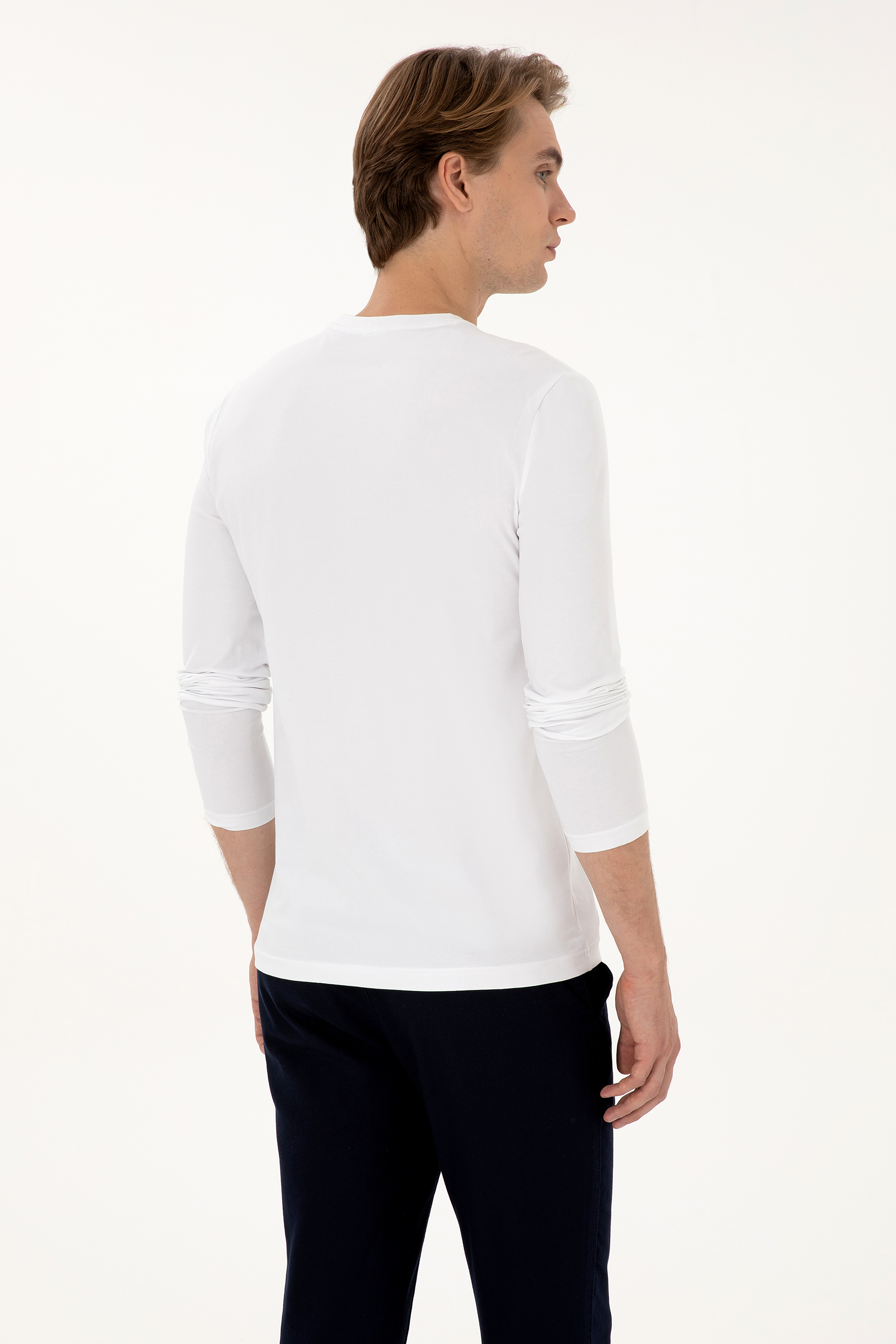Erkek Slim Fit Bisiklet Yaka Beyaz Basic Sweatshirt - Image 5