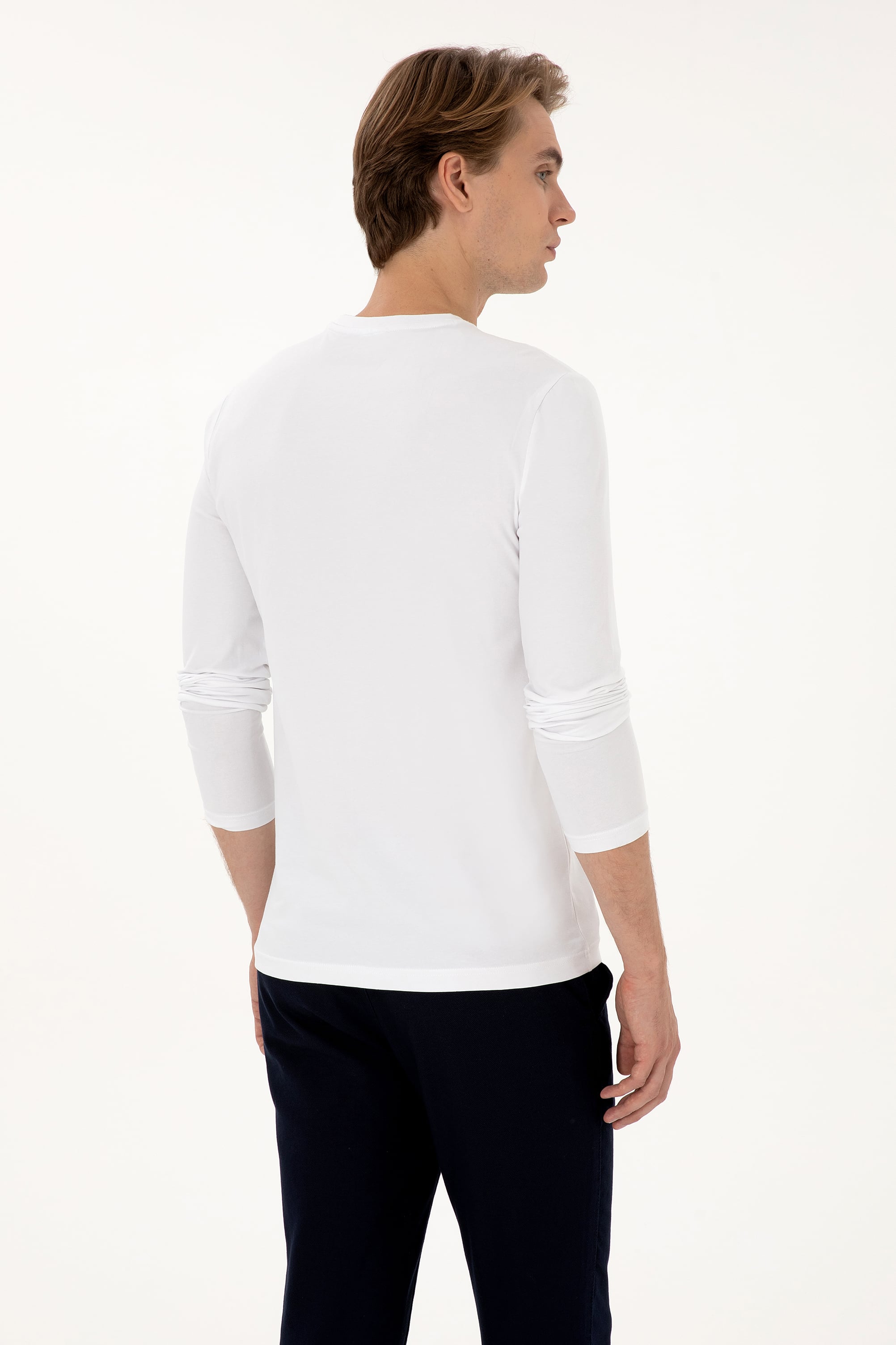 Erkek Slim Fit Bisiklet Yaka Beyaz Basic Sweatshirt