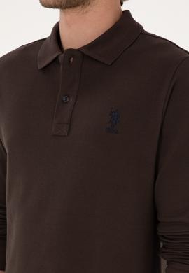 Erkek Regular Fit Polo Yaka Koyu Kahverengi Basic Sweatshirt - 50307757314