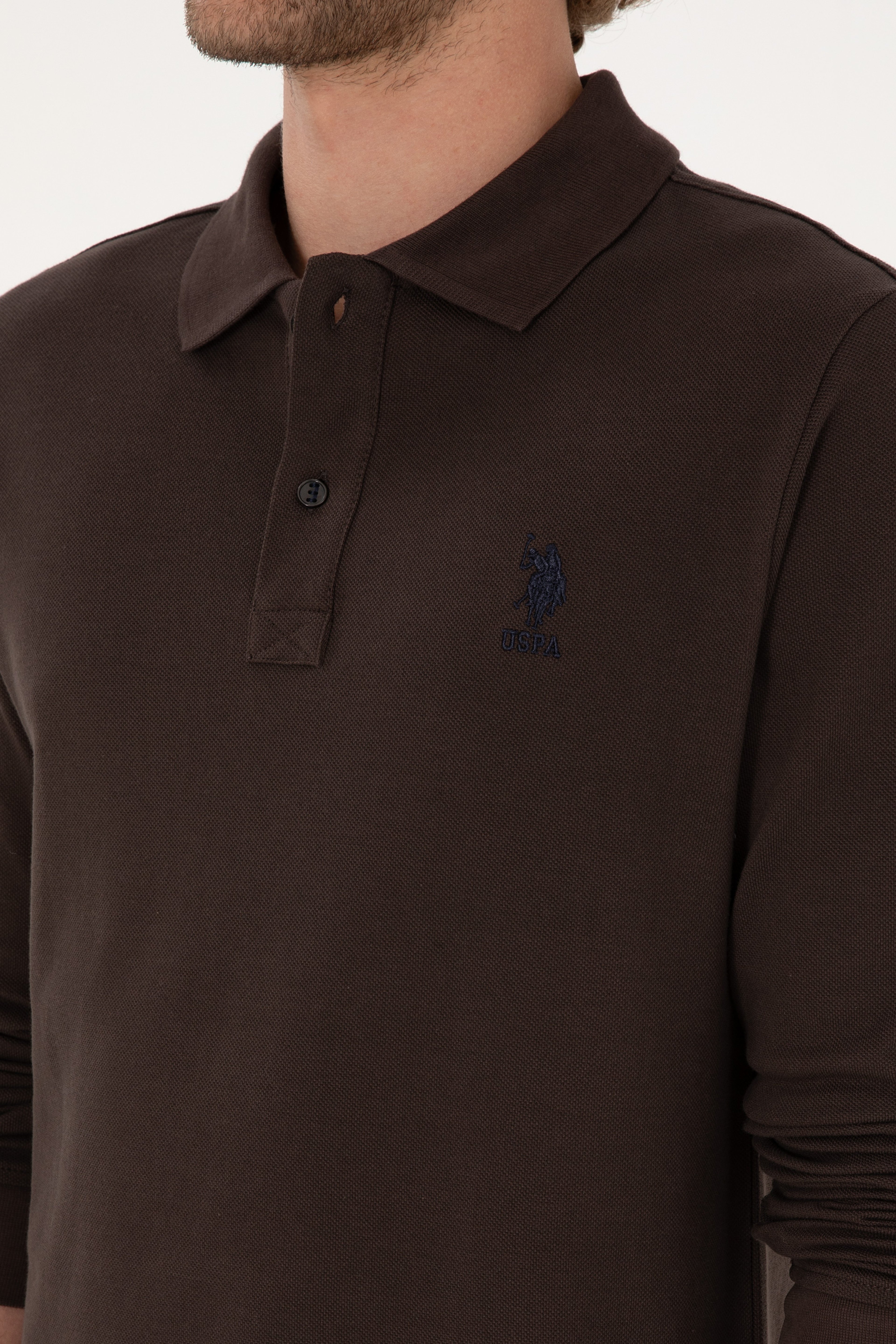 Erkek Regular Fit Polo Yaka Koyu Kahverengi Basic Sweatshirt - Image 7