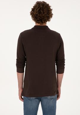 Erkek Regular Fit Polo Yaka Koyu Kahverengi Basic Sweatshirt - 50307757314