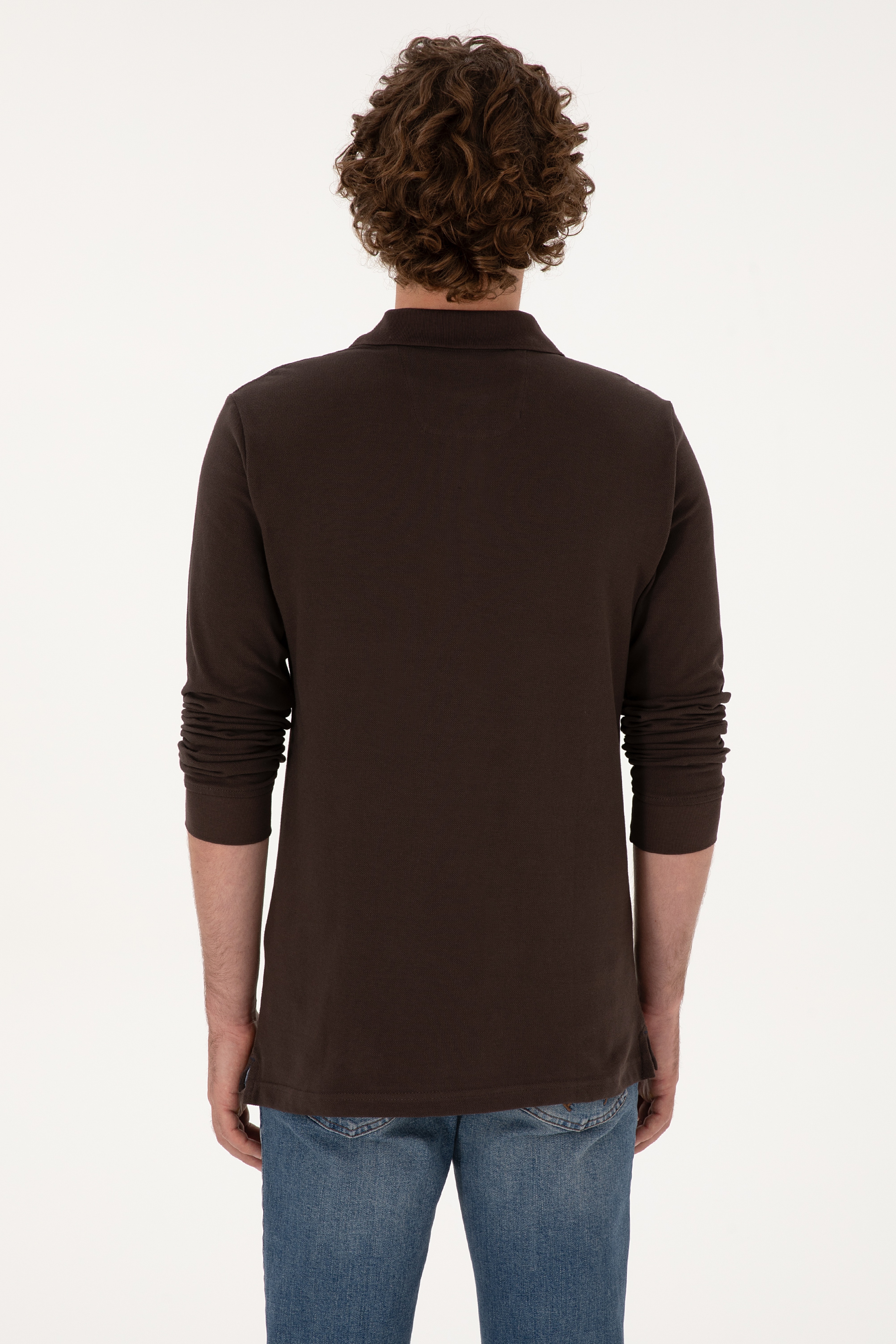 Erkek Regular Fit Polo Yaka Koyu Kahverengi Basic Sweatshirt - Image 5