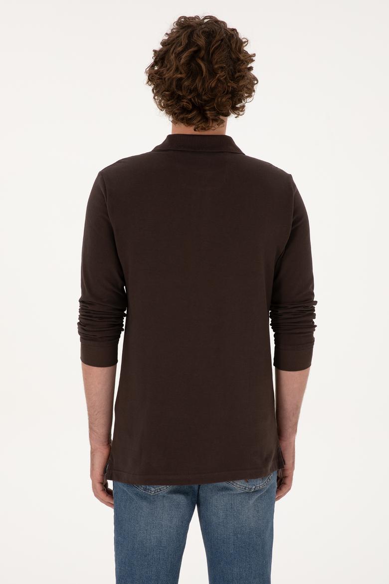 Erkek Regular Fit Polo Yaka Koyu Kahverengi Basic Sweatshirt - 50307757314