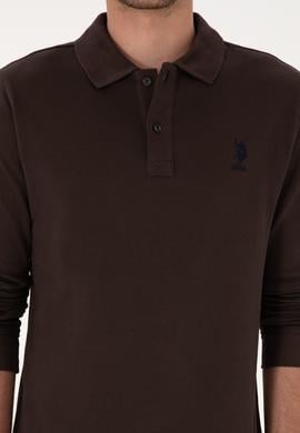 Erkek Regular Fit Polo Yaka Koyu Kahverengi Basic Sweatshirt - 50307757314