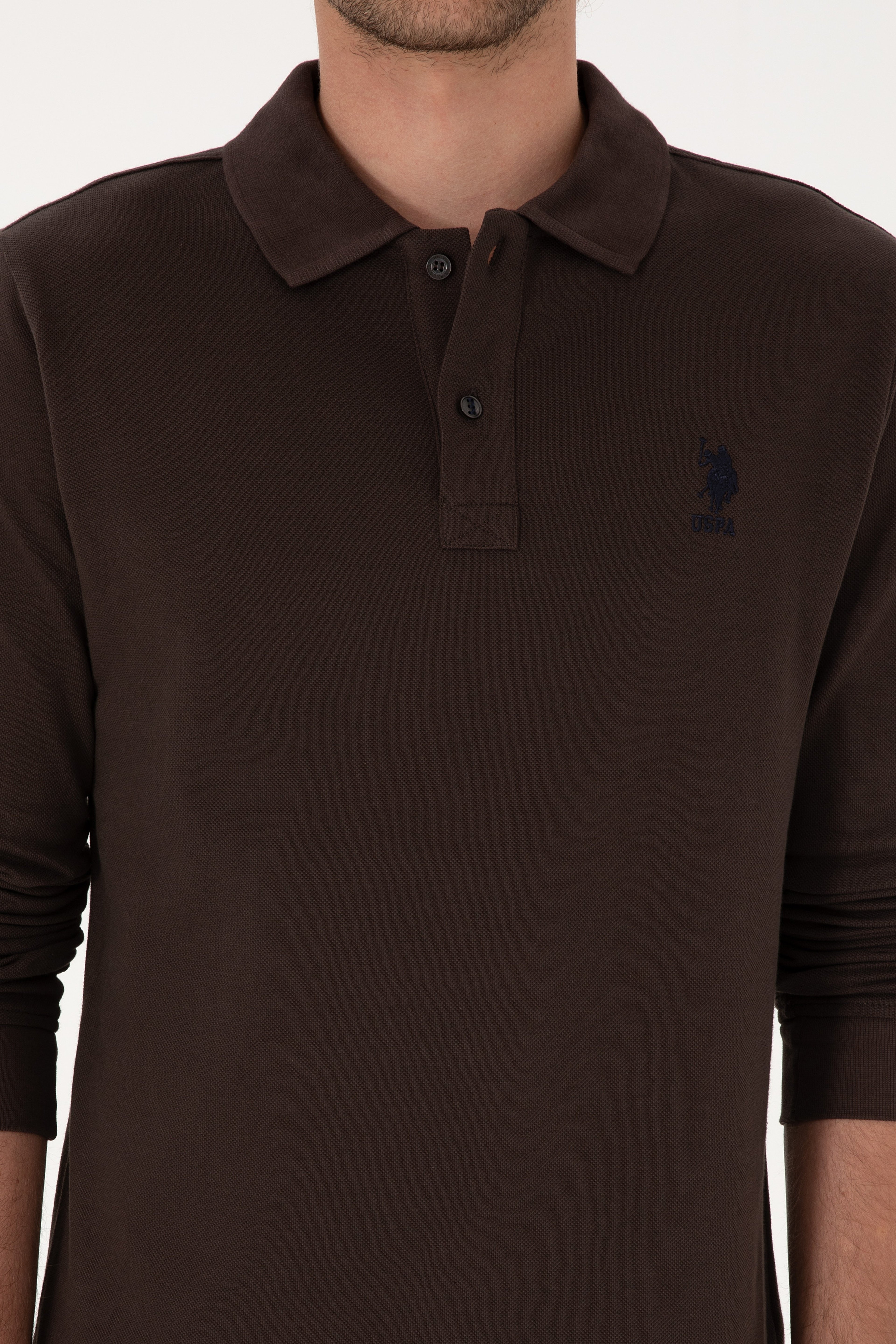 Erkek Regular Fit Polo Yaka Koyu Kahverengi Basic Sweatshirt - Image 6
