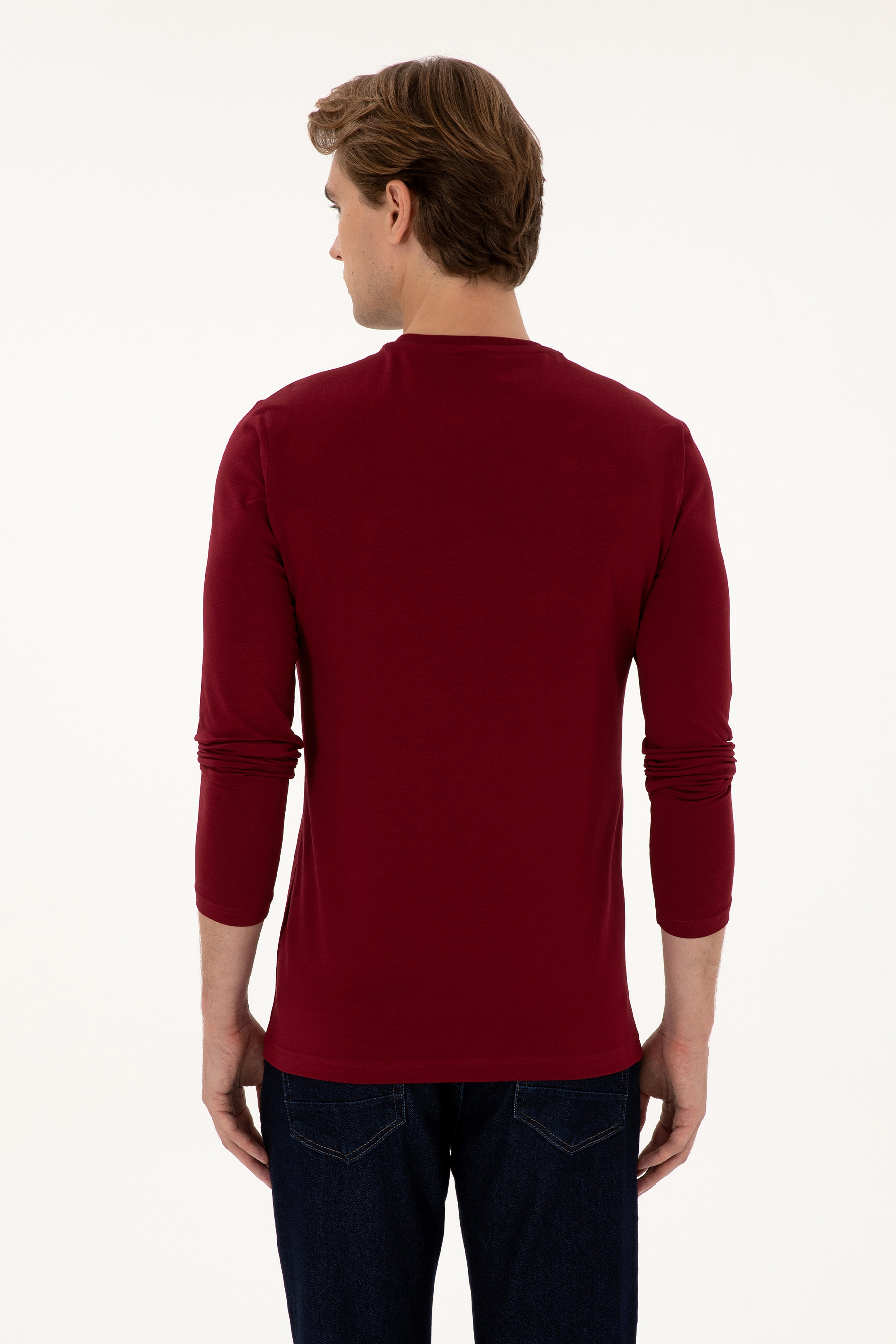 Erkek Slim Fit Bisiklet Yaka Bordo Basic Sweatshirt