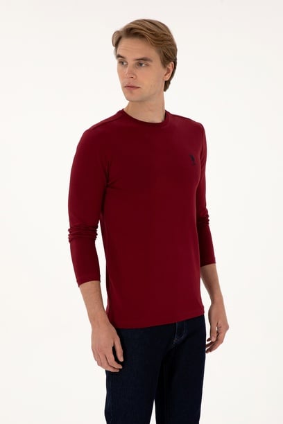 Erkek Slim Fit Bisiklet Yaka Bordo Basic Sweatshirt
