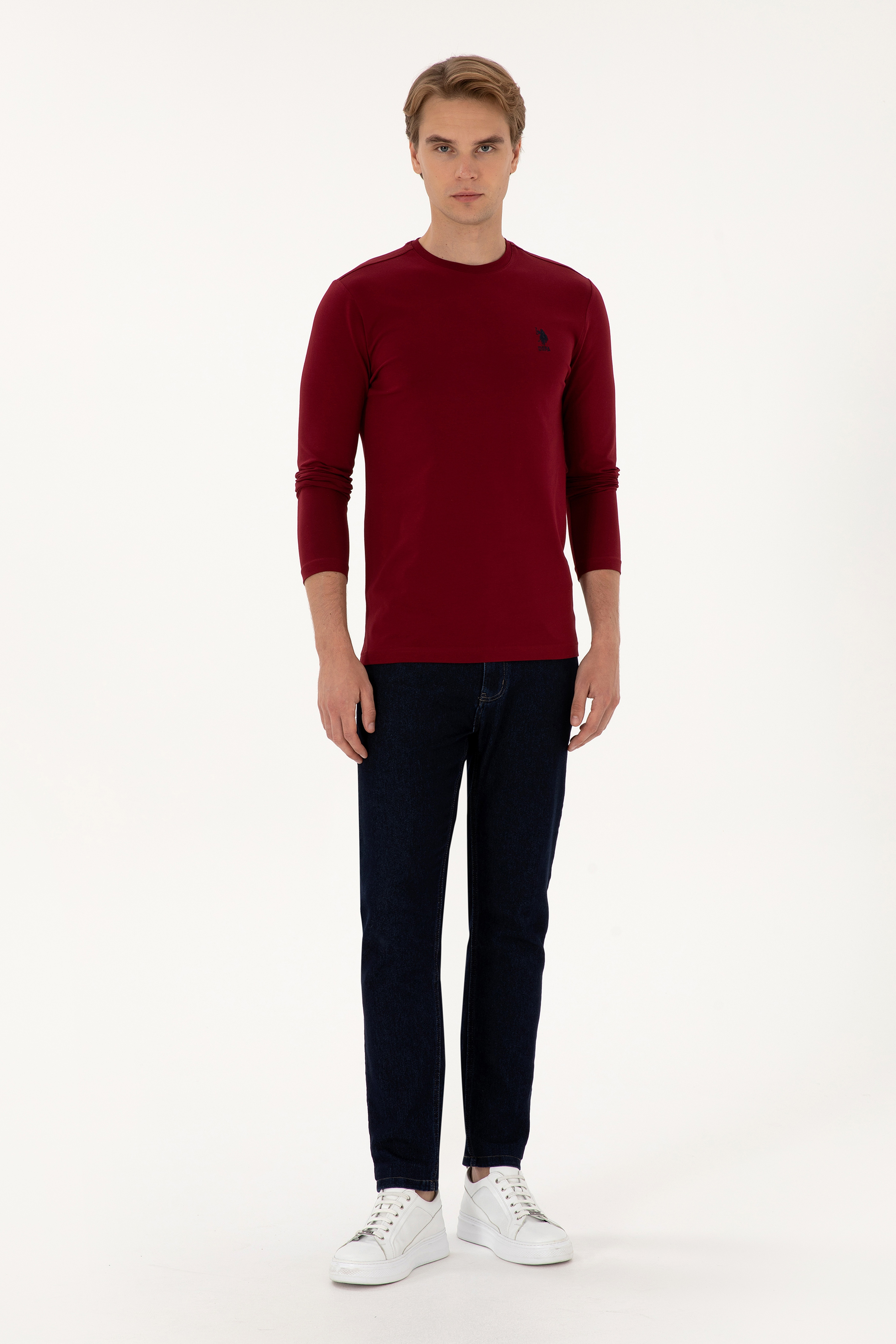 Erkek Slim Fit Bisiklet Yaka Bordo Basic Sweatshirt - Image 4