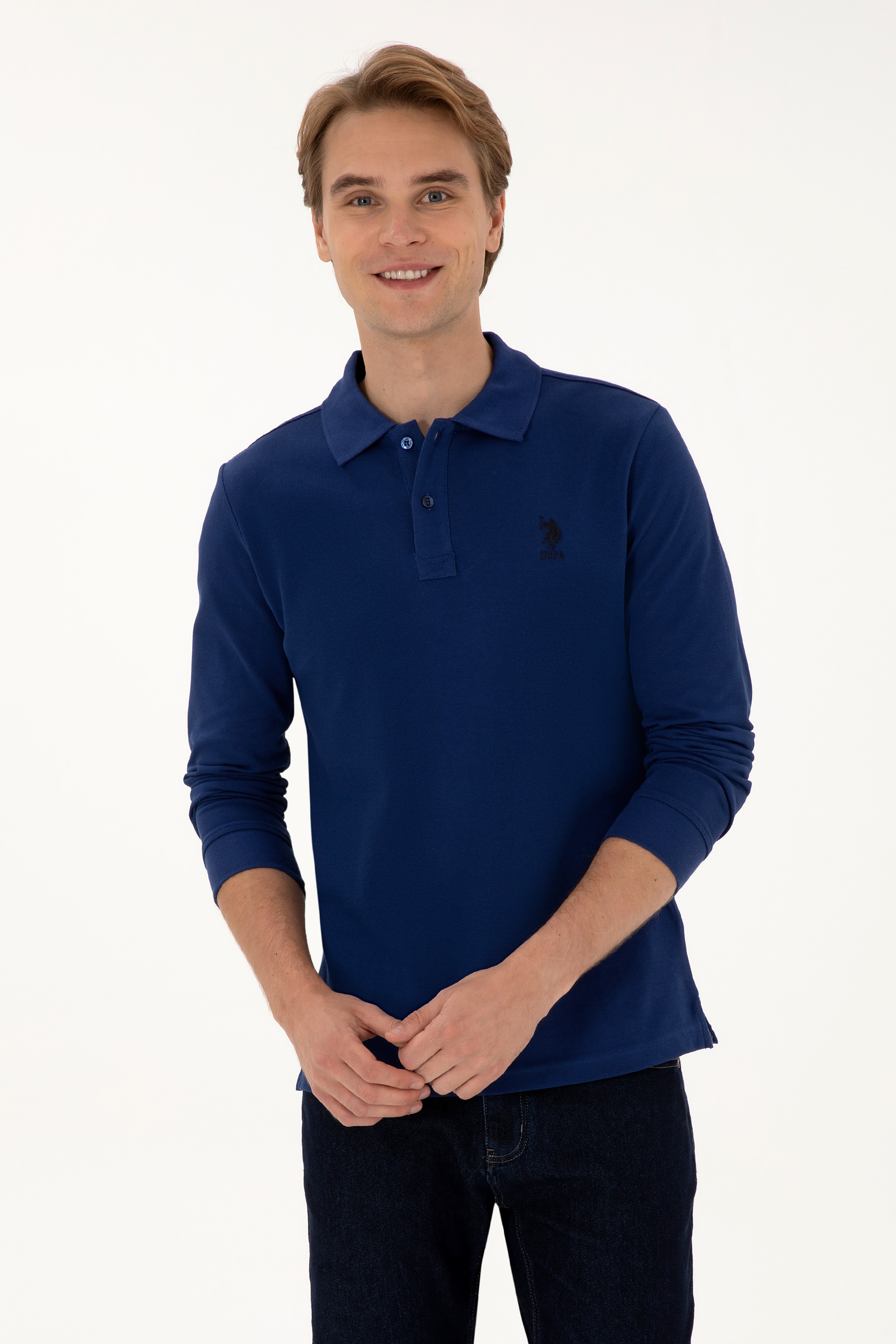Erkek Regular Fit Polo Yaka İndigo Basic Sweatshirt - Image 1