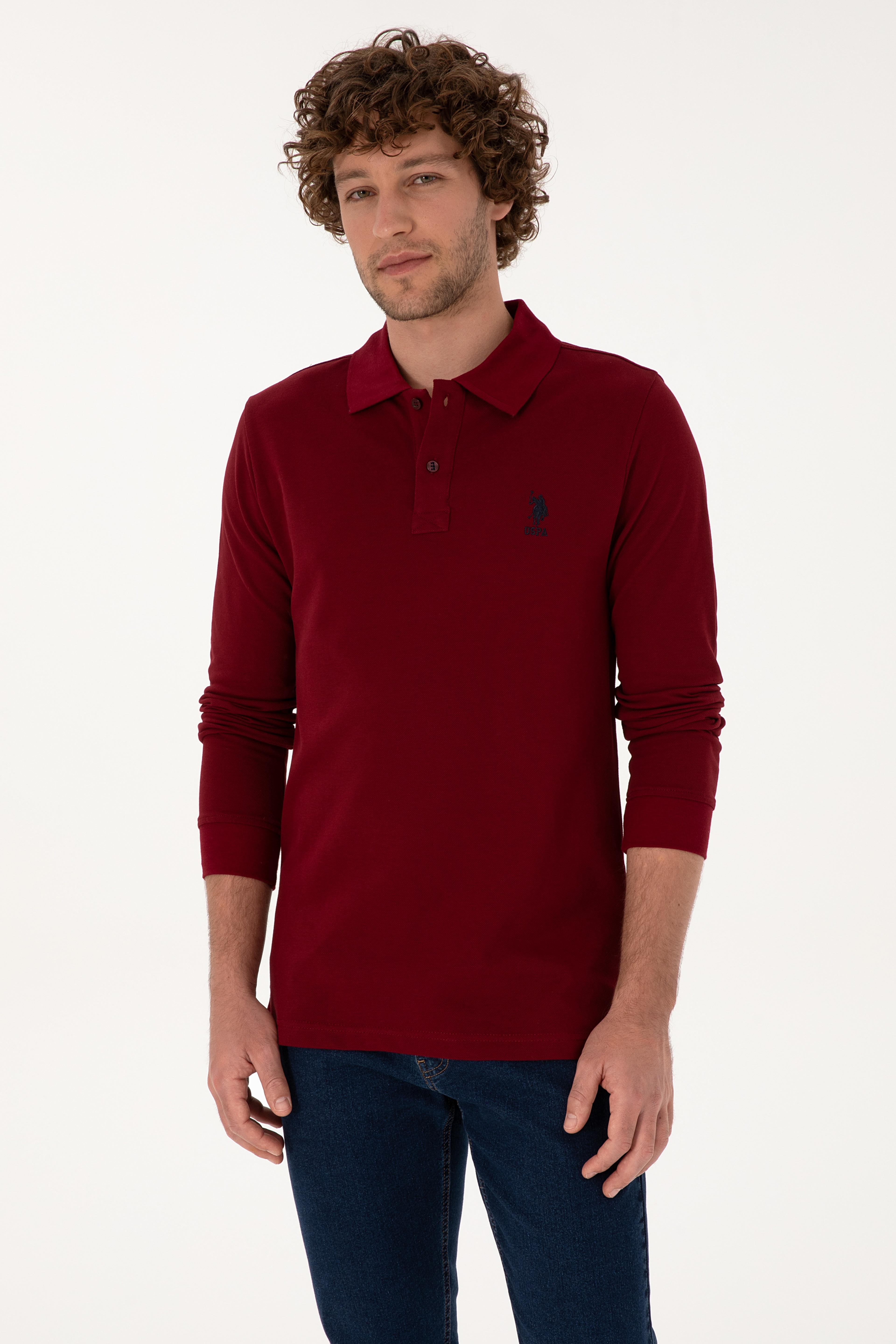 Erkek Regular Fit Polo Yaka Bordo Basic Sweatshirt - Image 1