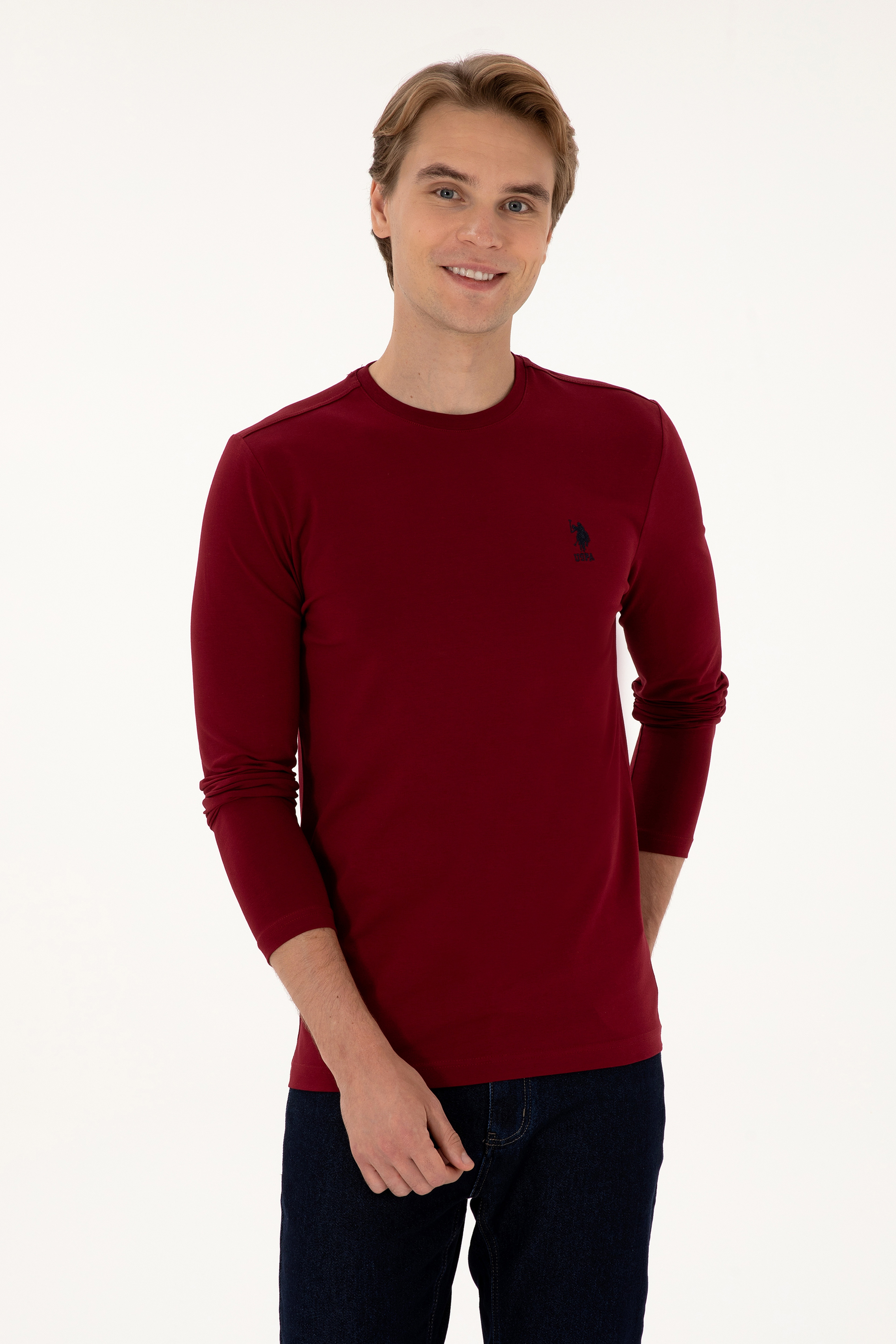 Erkek Slim Fit Bisiklet Yaka Bordo Basic Sweatshirt - Image 1