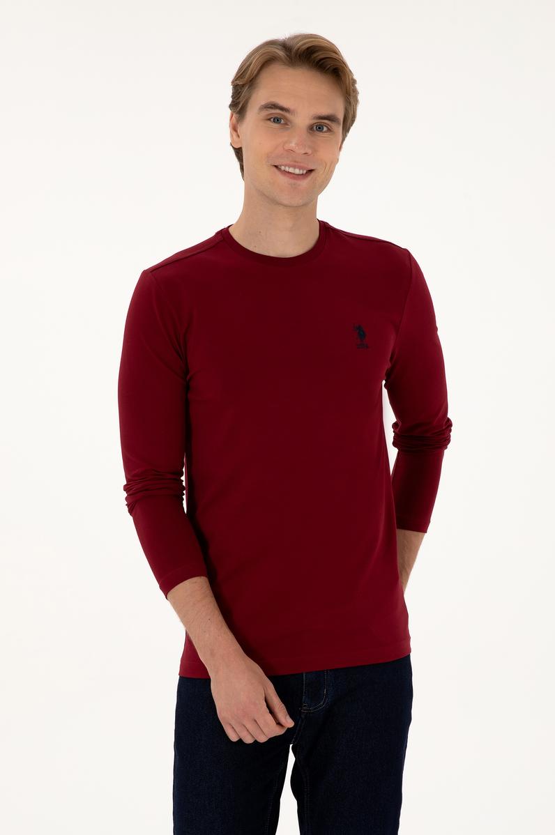 Erkek Slim Fit Bisiklet Yaka Bordo Basic Sweatshirt