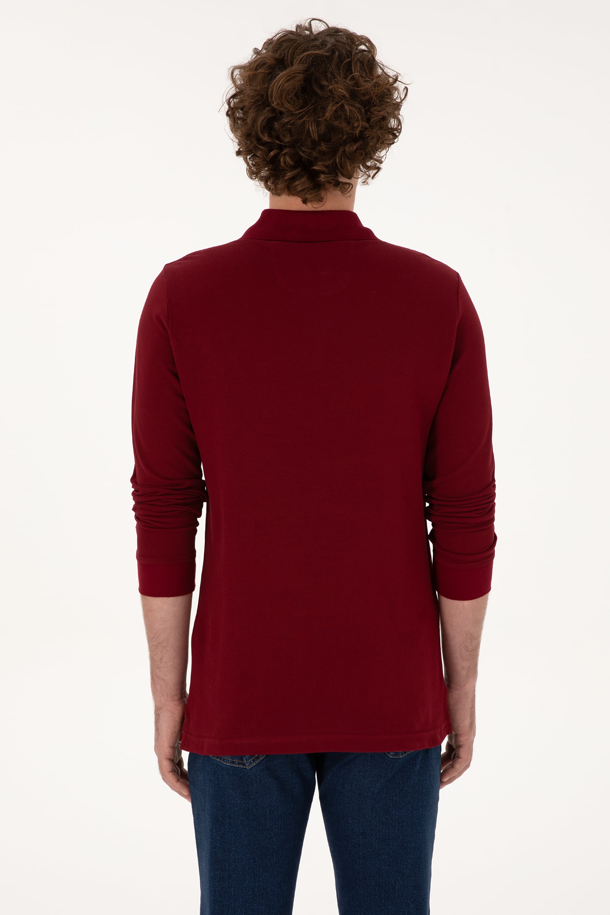 Erkek Regular Fit Polo Yaka Bordo Basic Sweatshirt - Image 5