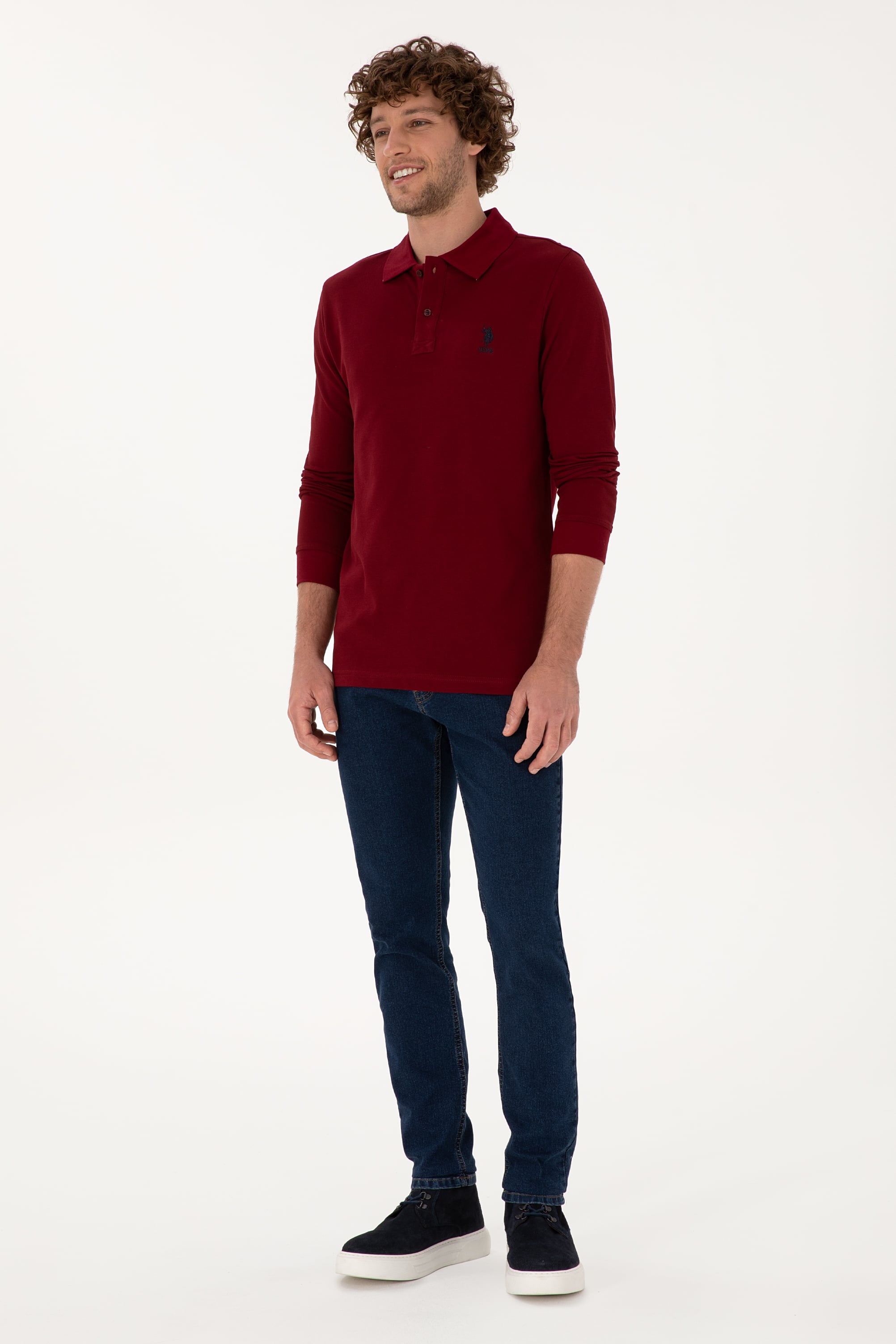 Erkek Regular Fit Polo Yaka Bordo Basic Sweatshirt - Image 4