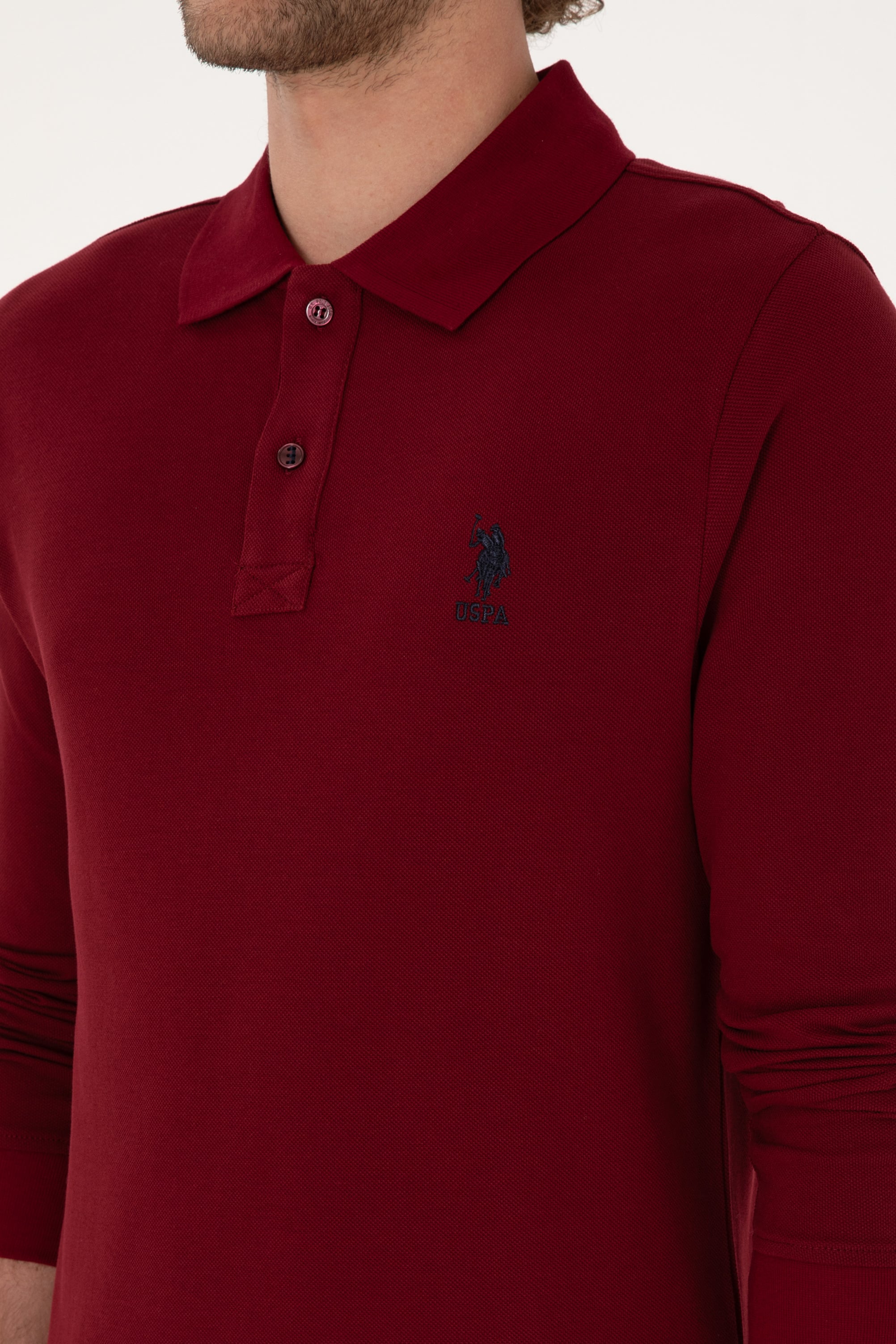 Erkek Regular Fit Polo Yaka Bordo Basic Sweatshirt - Image 7