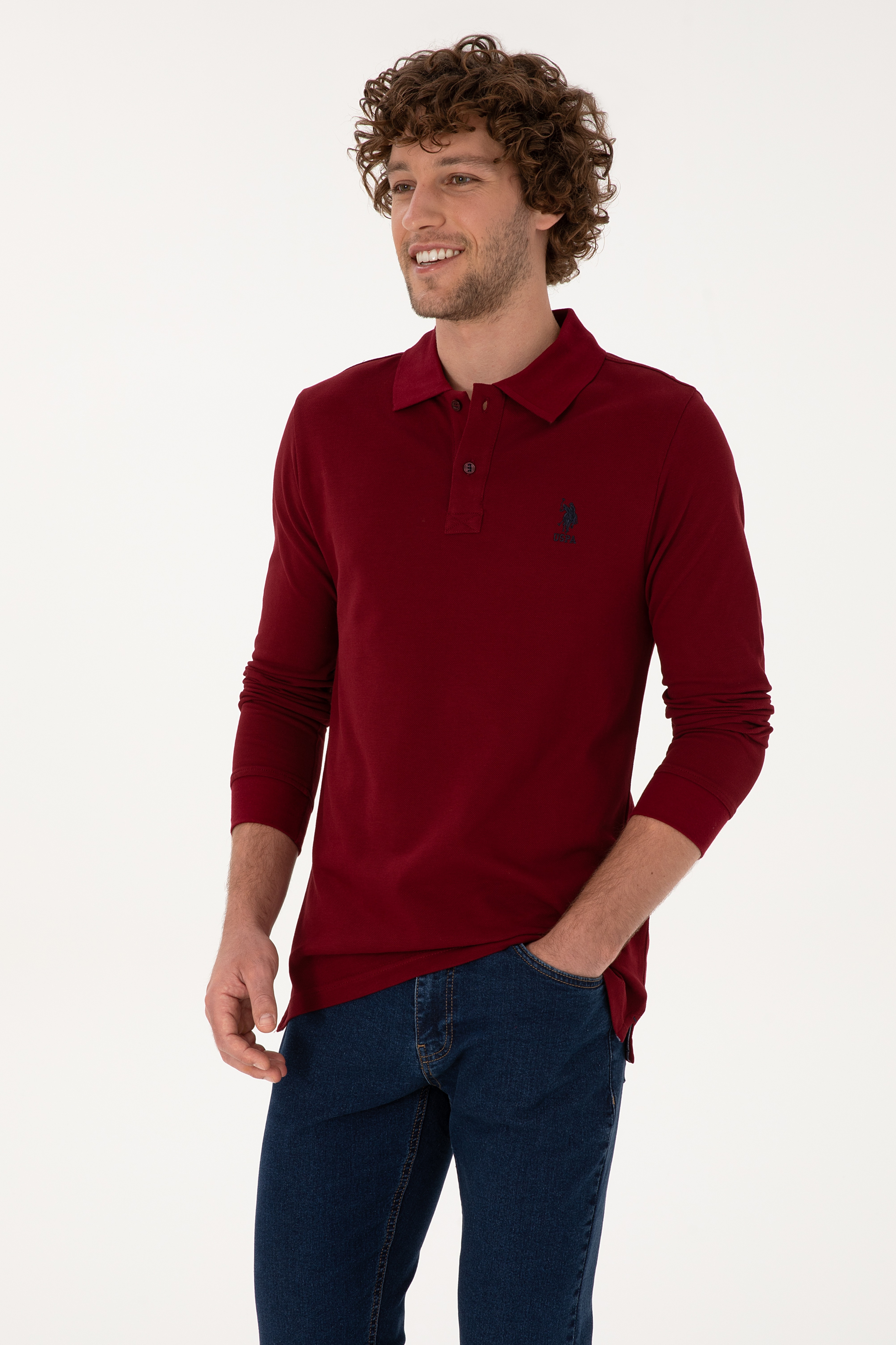 Erkek Regular Fit Polo Yaka Bordo Basic Sweatshirt