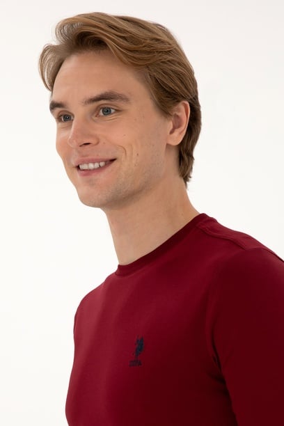 Erkek Slim Fit Bisiklet Yaka Bordo Basic Sweatshirt