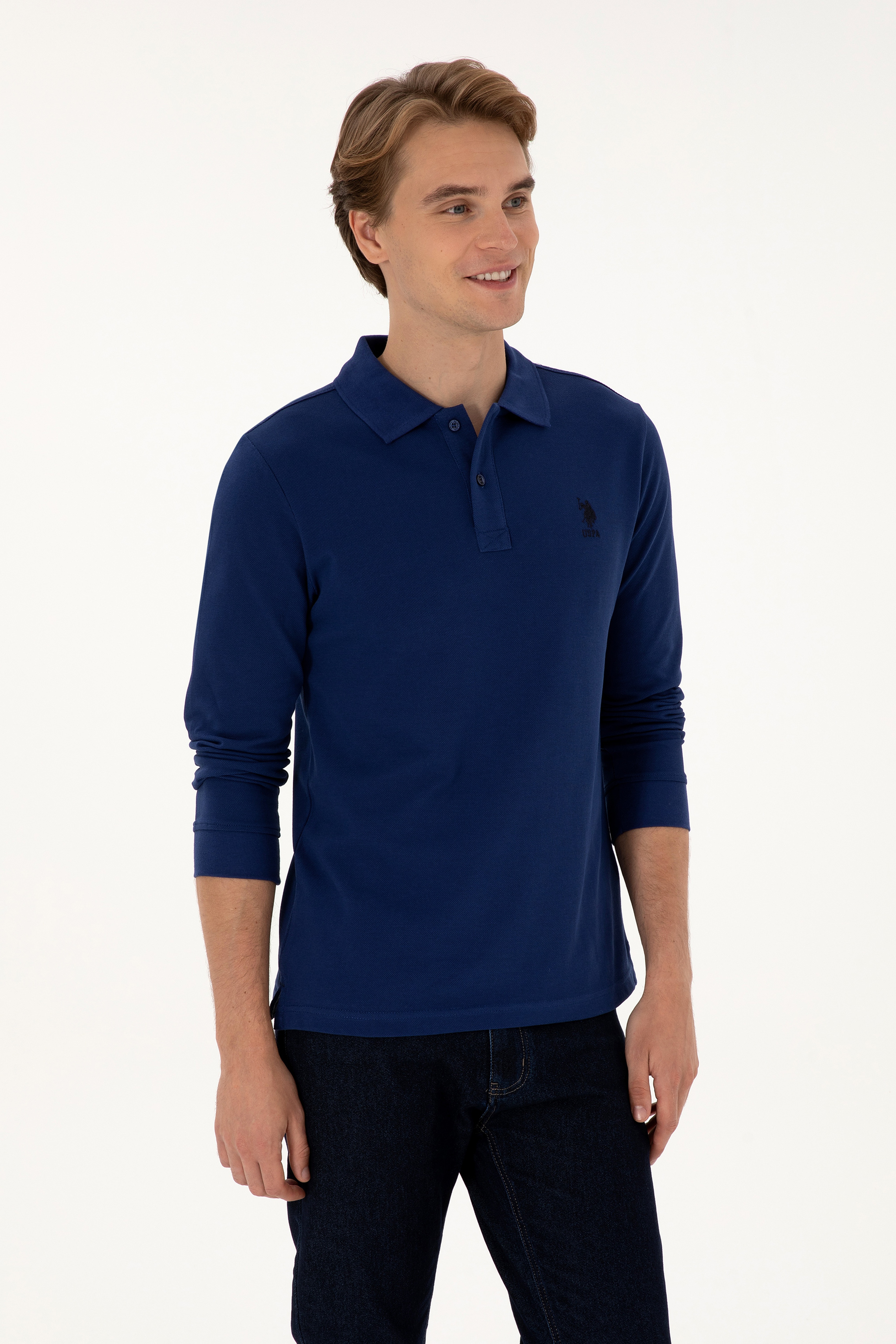 Erkek Regular Fit Polo Yaka İndigo Basic Sweatshirt - Image 3