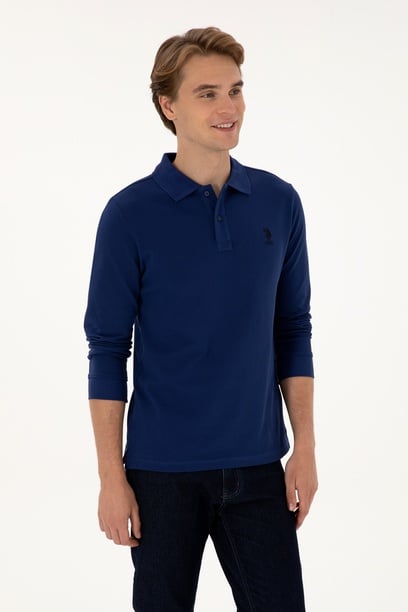 Erkek Regular Fit Polo Yaka İndigo Basic Sweatshirt
