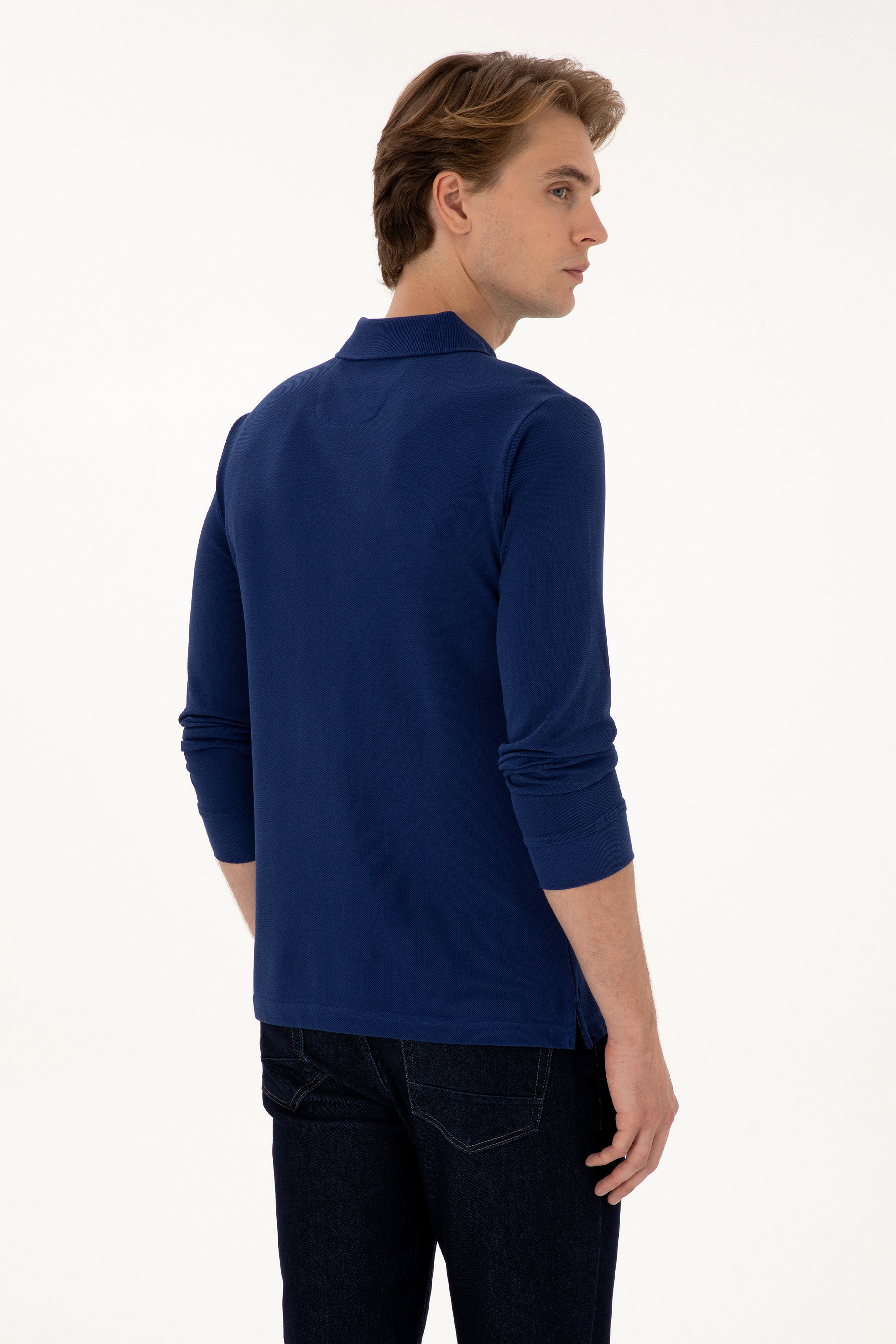 Erkek Regular Fit Polo Yaka İndigo Basic Sweatshirt