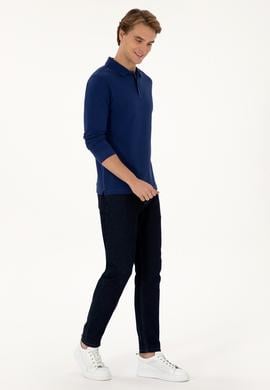 Erkek Regular Fit Polo Yaka İndigo Basic Sweatshirt - 50307757187