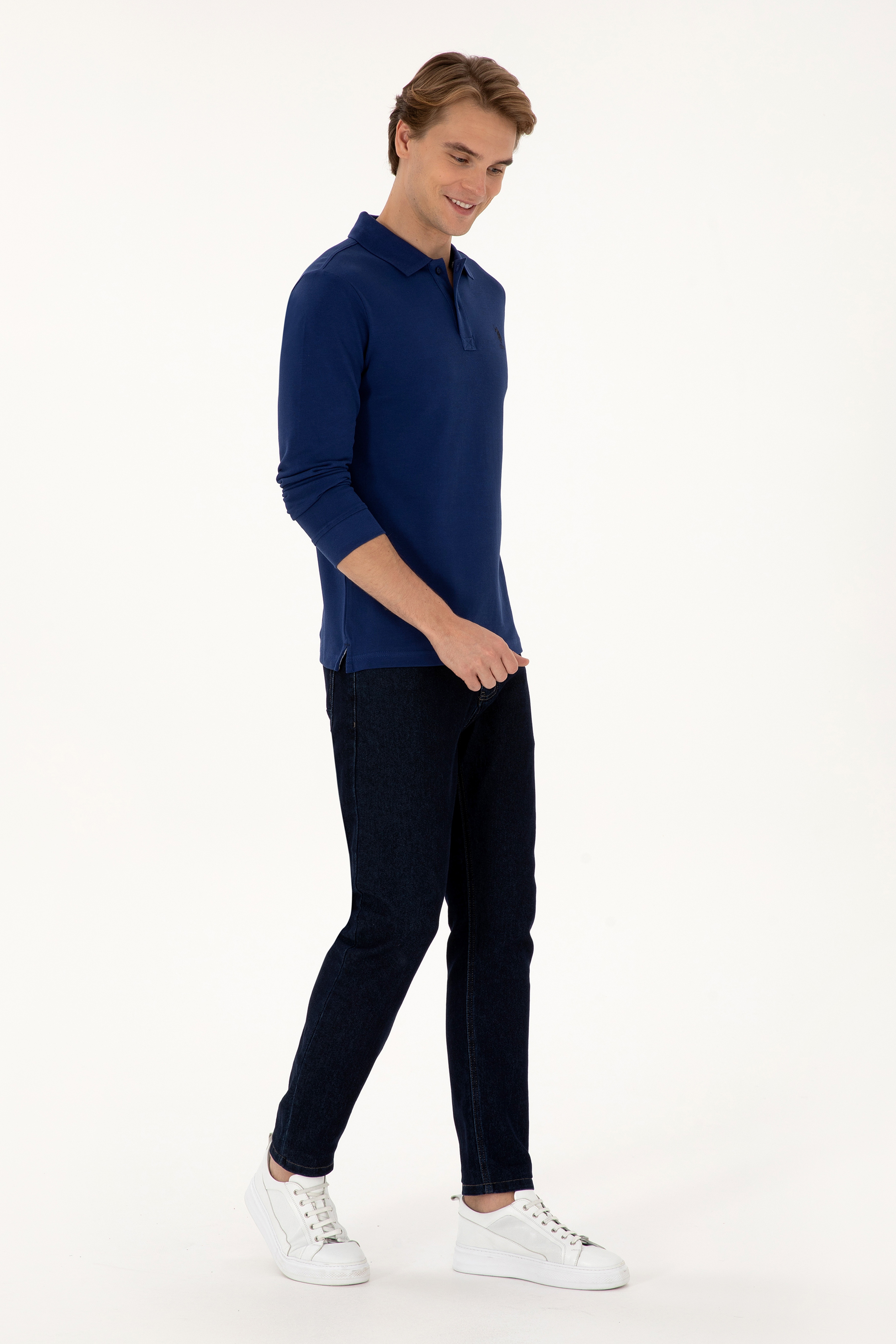 Erkek Regular Fit Polo Yaka İndigo Basic Sweatshirt