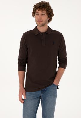 Erkek Regular Fit Polo Yaka Koyu Kahverengi Basic Sweatshirt - 50307757314