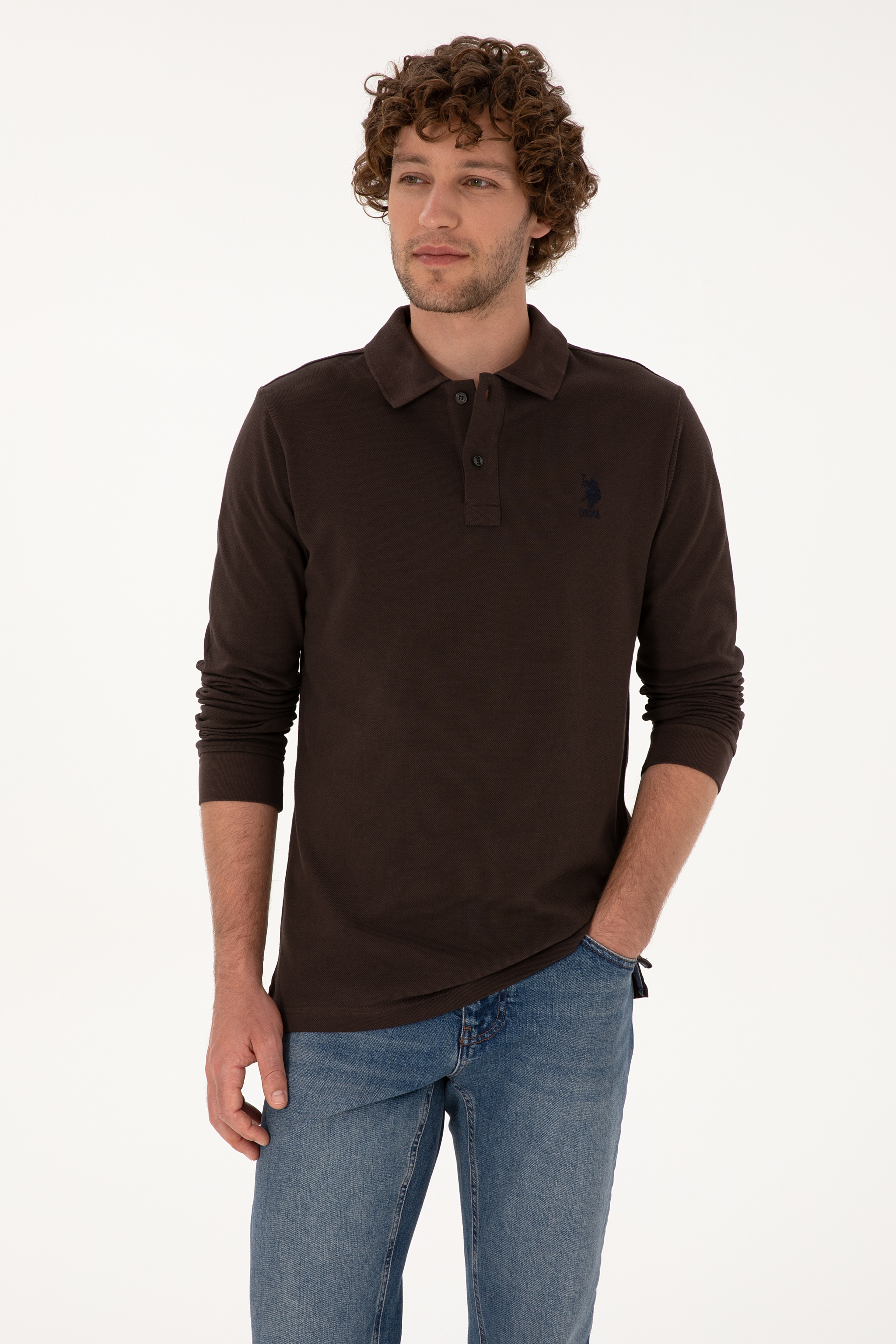 Erkek Regular Fit Polo Yaka Koyu Kahverengi Basic Sweatshirt - Image 1