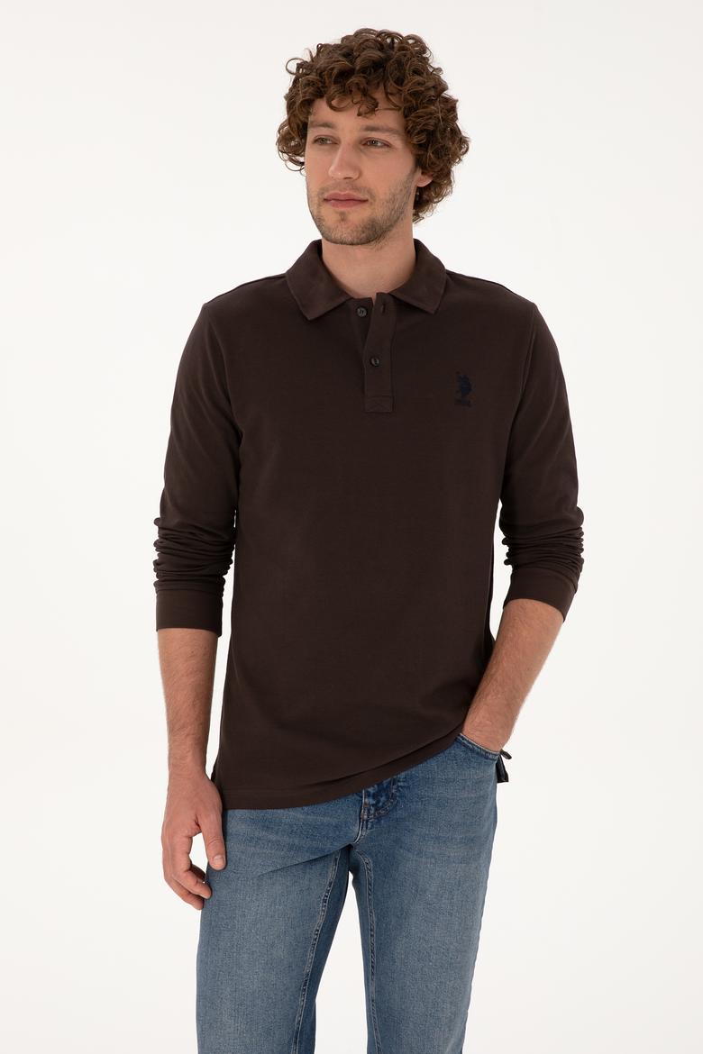 Erkek Regular Fit Polo Yaka Koyu Kahverengi Basic Sweatshirt