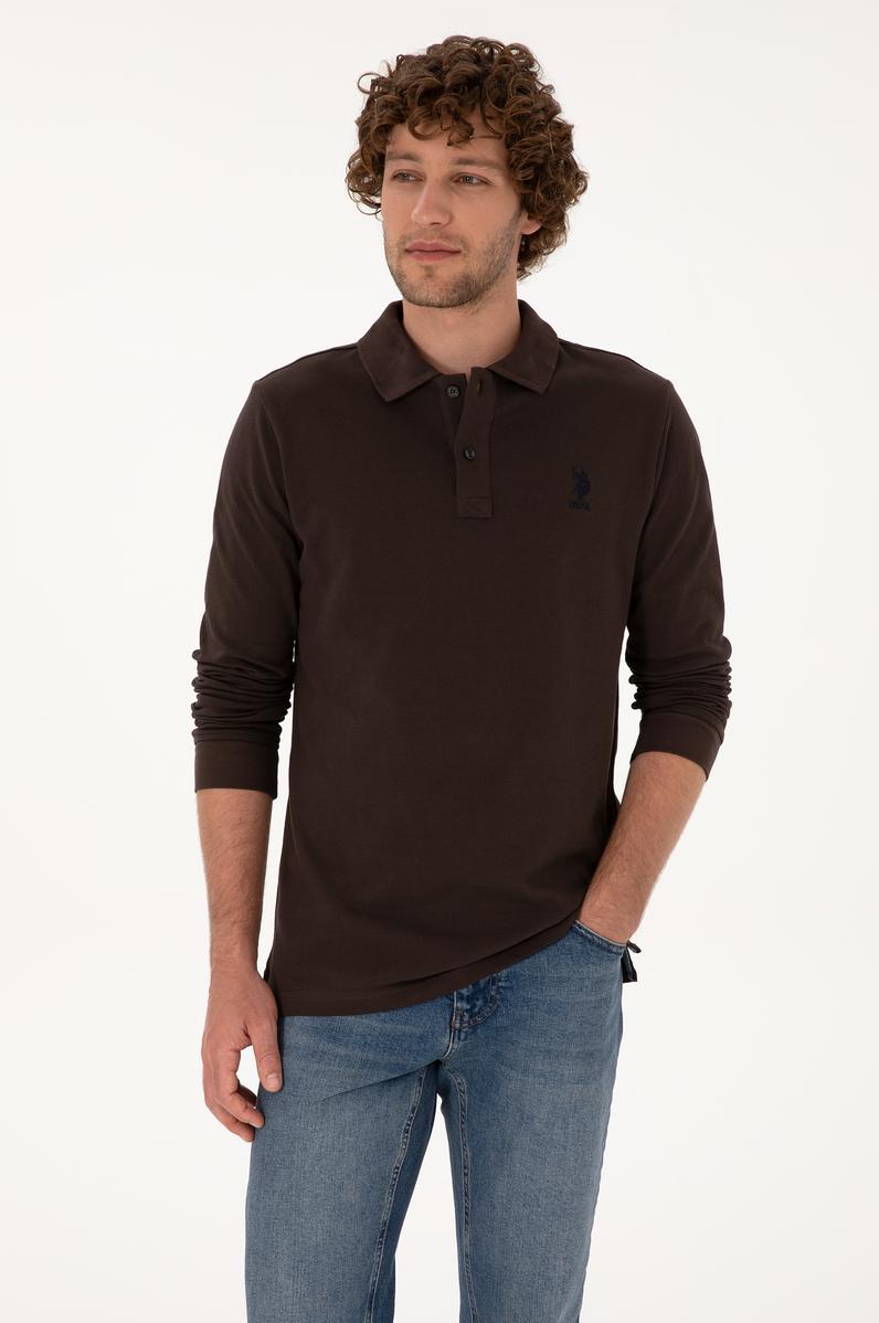 Erkek Regular Fit Polo Yaka Koyu Kahverengi Basic Sweatshirt