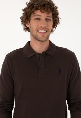 Erkek Regular Fit Polo Yaka Koyu Kahverengi Basic Sweatshirt - 50307757314