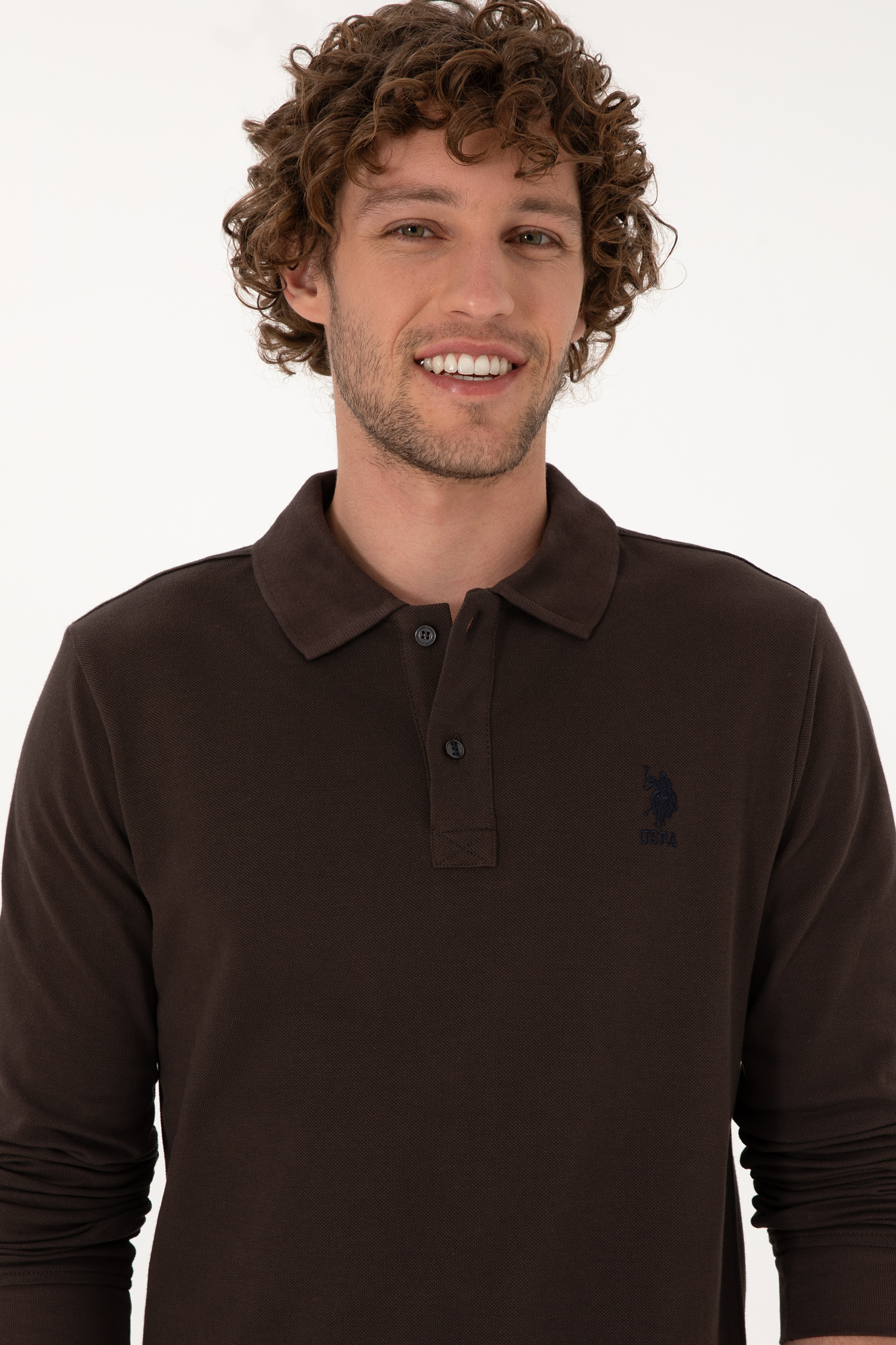 Erkek Regular Fit Polo Yaka Koyu Kahverengi Basic Sweatshirt - Image 2
