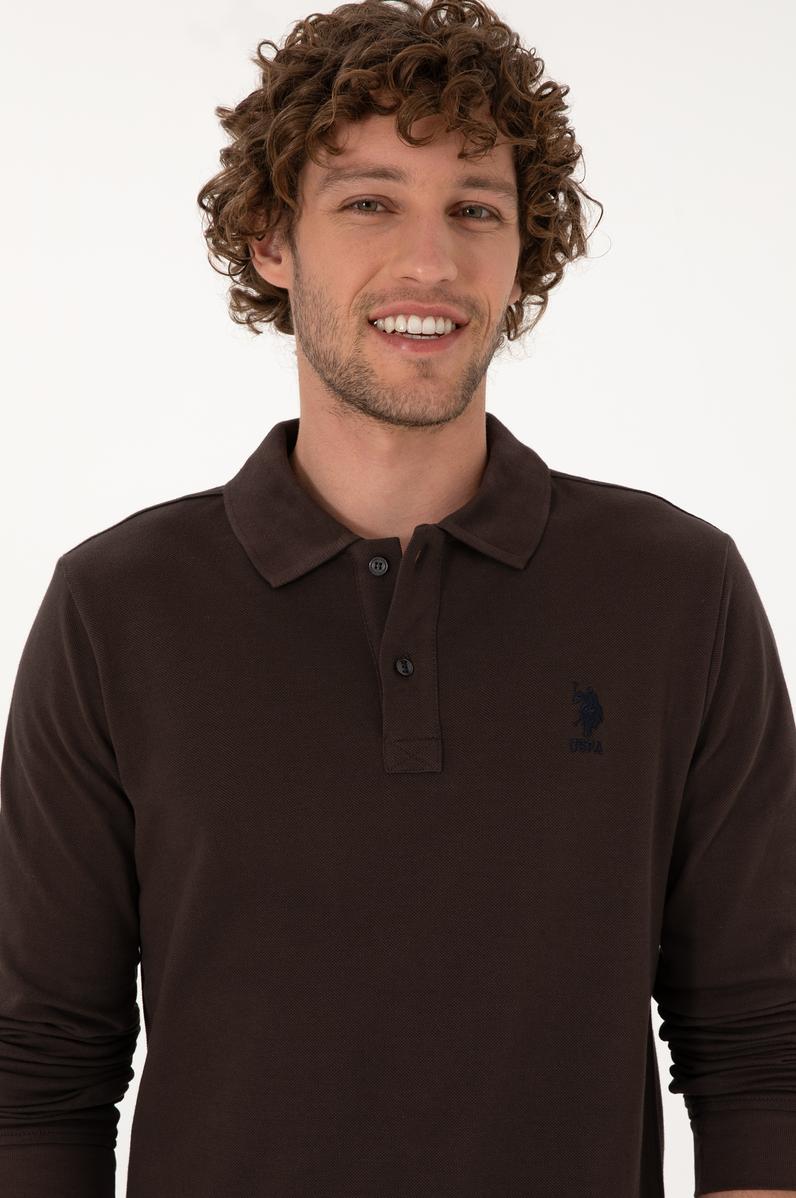 Erkek Regular Fit Polo Yaka Koyu Kahverengi Basic Sweatshirt
