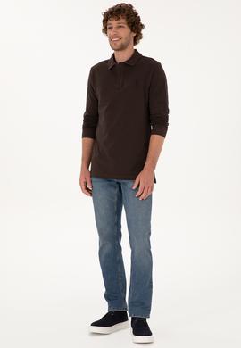 Erkek Regular Fit Polo Yaka Koyu Kahverengi Basic Sweatshirt - 50307757314