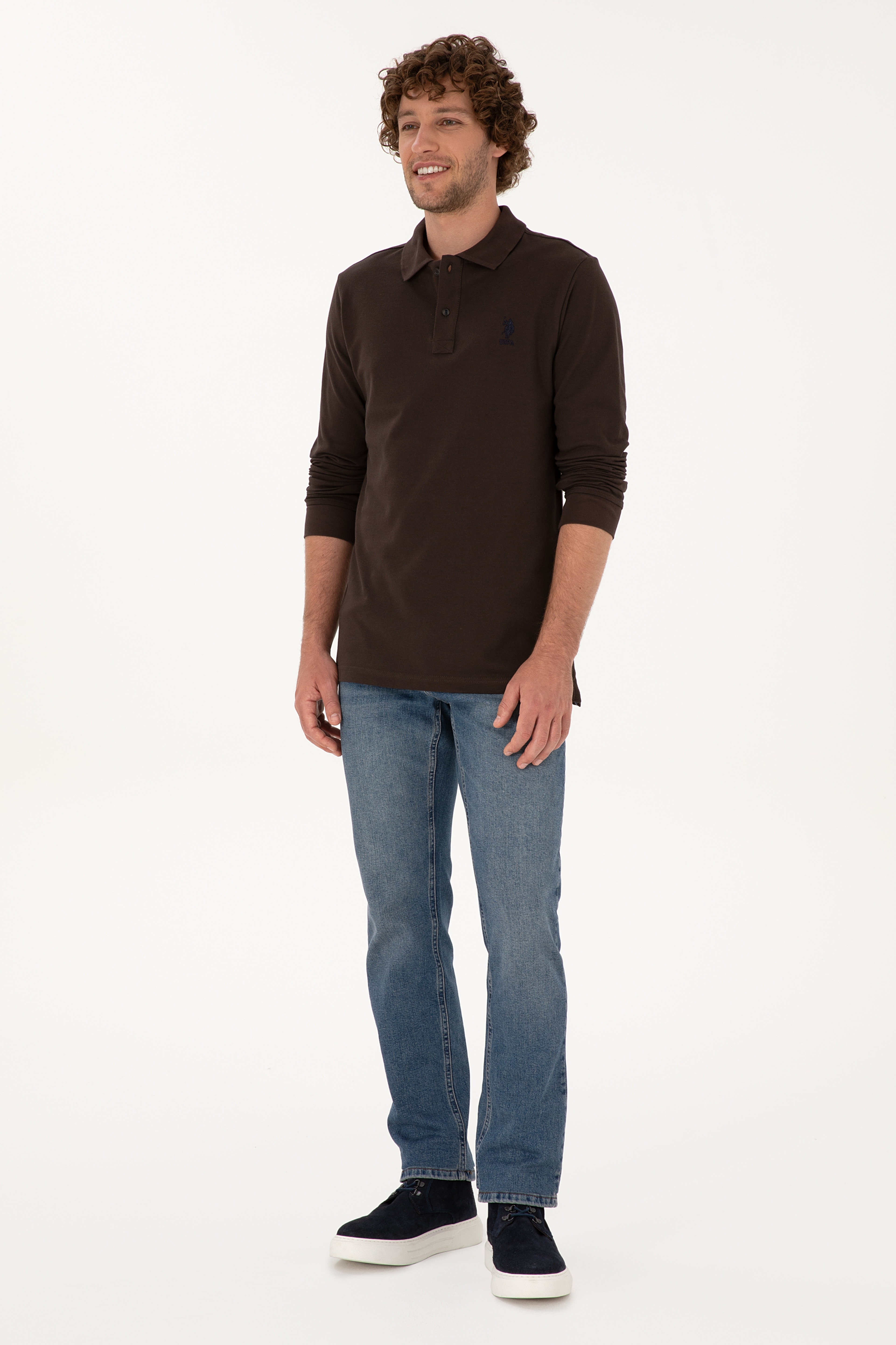 Erkek Regular Fit Polo Yaka Koyu Kahverengi Basic Sweatshirt - Image 4