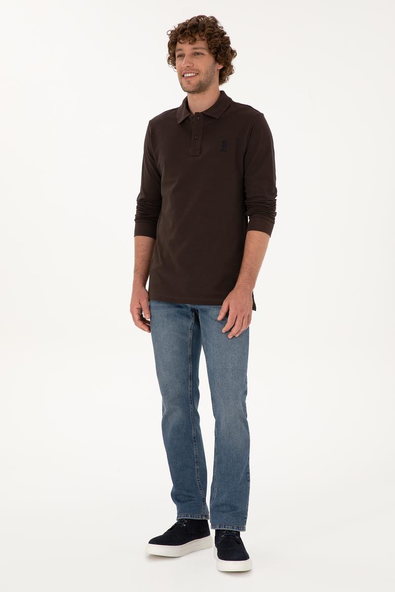 Erkek Regular Fit Polo Yaka Koyu Kahverengi Basic Sweatshirt - 50307757314