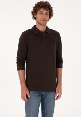 Erkek Regular Fit Polo Yaka Koyu Kahverengi Basic Sweatshirt - 50307757314