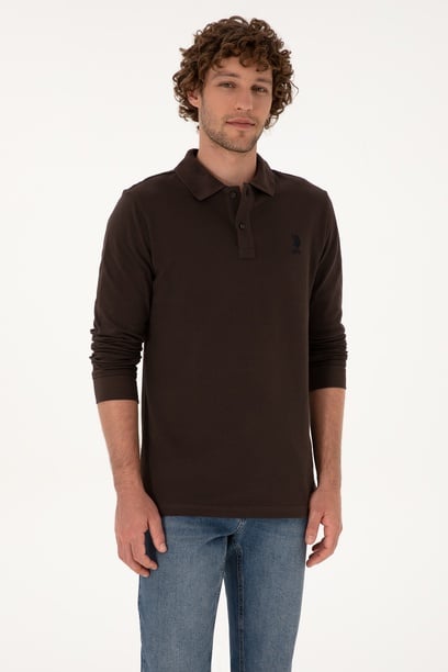 Erkek Regular Fit Polo Yaka Koyu Kahverengi Basic Sweatshirt
