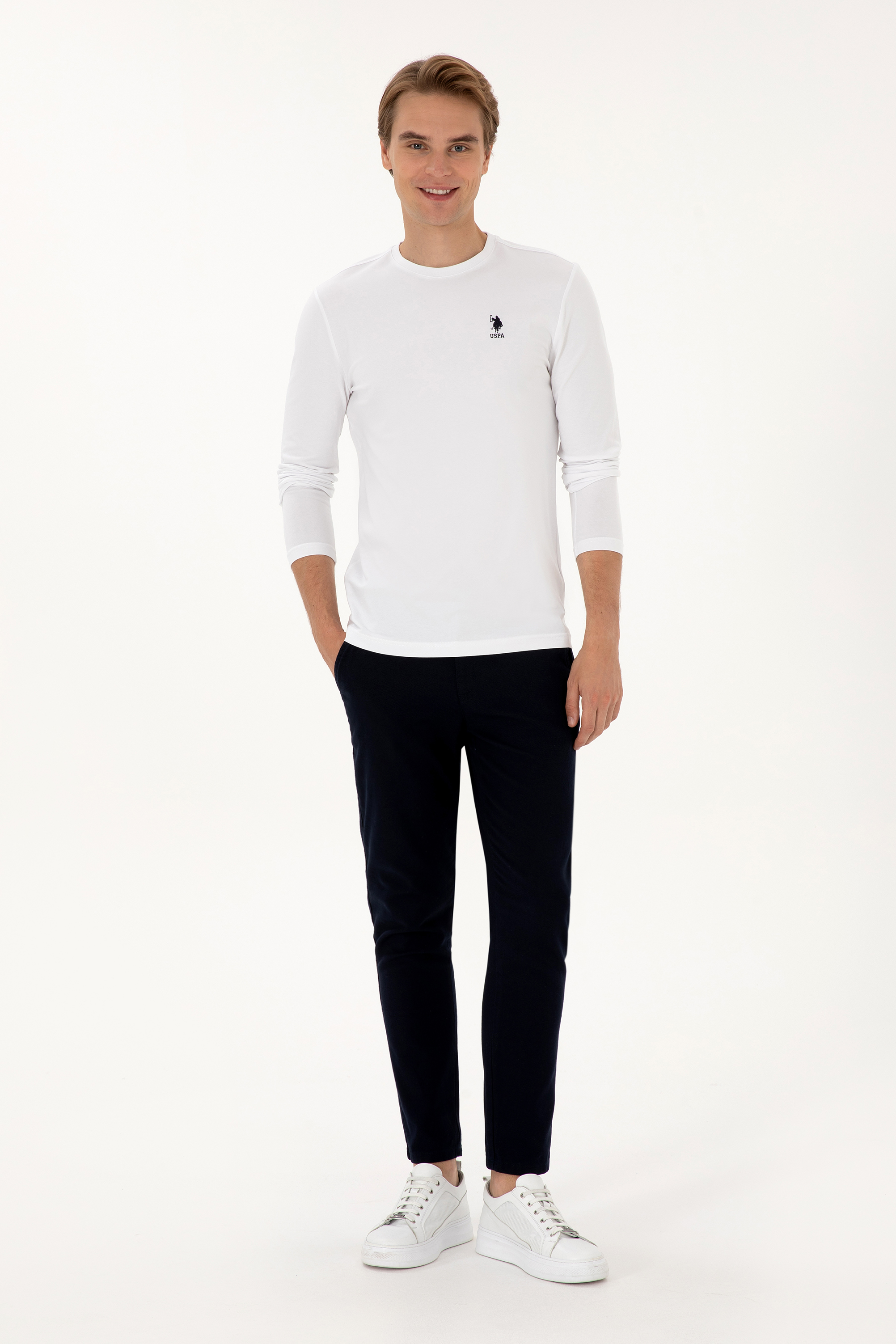 Erkek Slim Fit Bisiklet Yaka Beyaz Basic Sweatshirt - Image 4